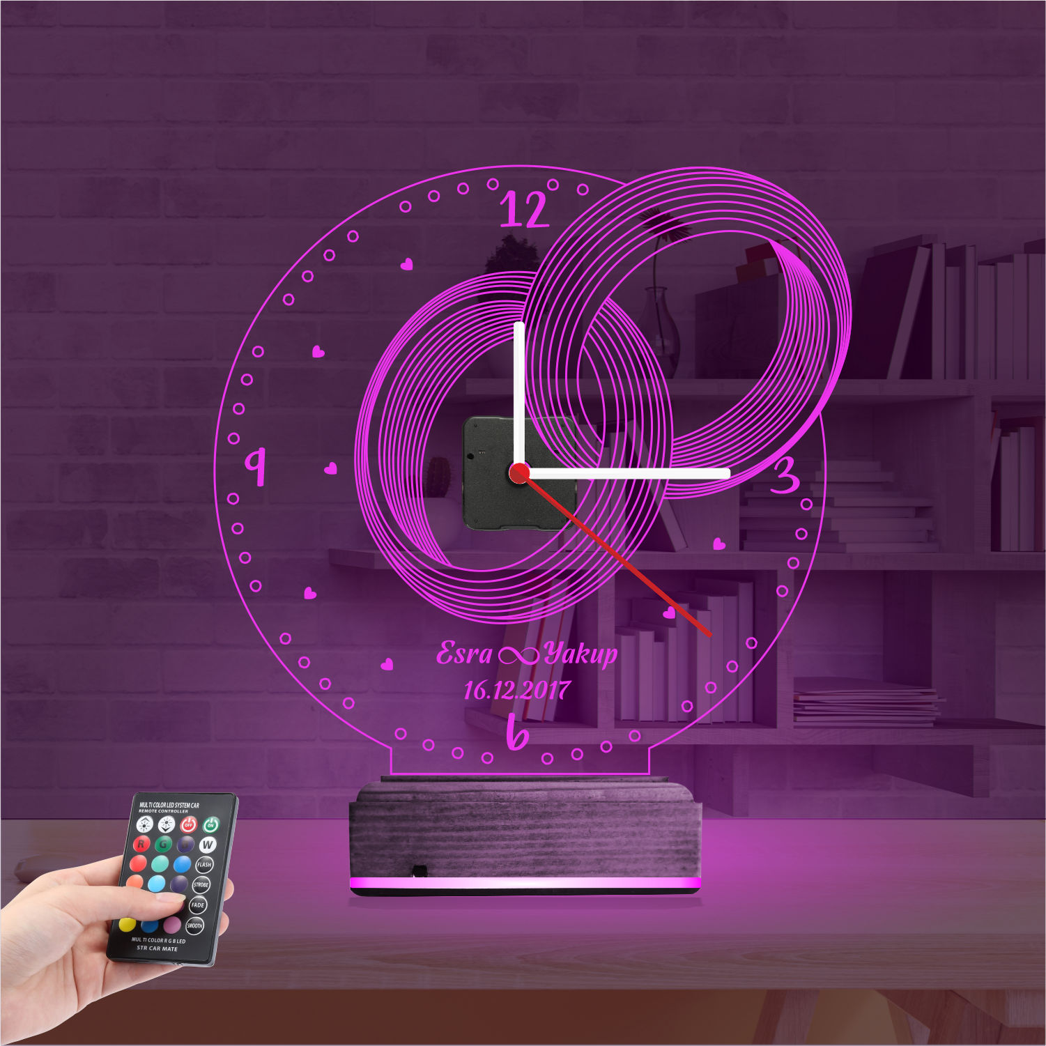 Именной подарок: обручальные кольца с именами, датой и часами 3d светильник 2