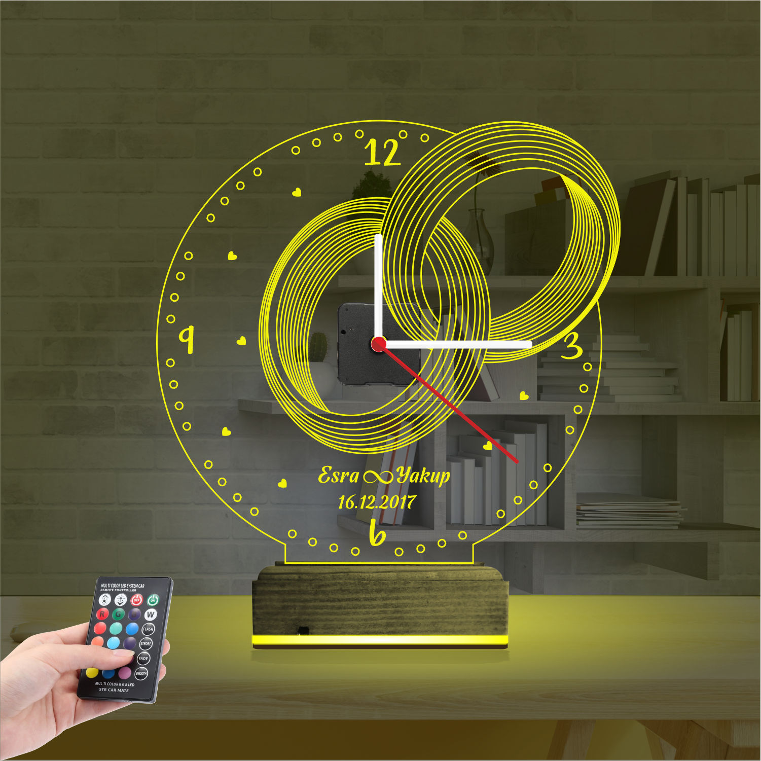 Именной подарок: обручальные кольца с именами, датой и часами 3d светильник 3