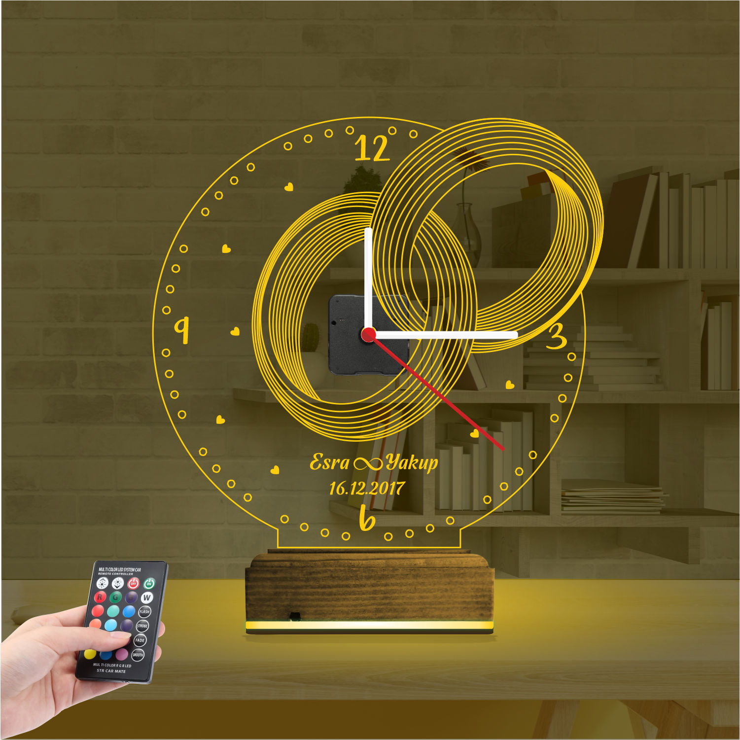 Именной подарок: обручальные кольца с именами, датой и часами 3d светильник 6