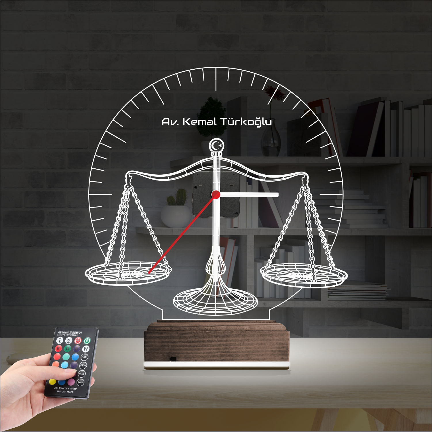 Именной подарок адвокату: весы правосудия с часами 3d светильник 7