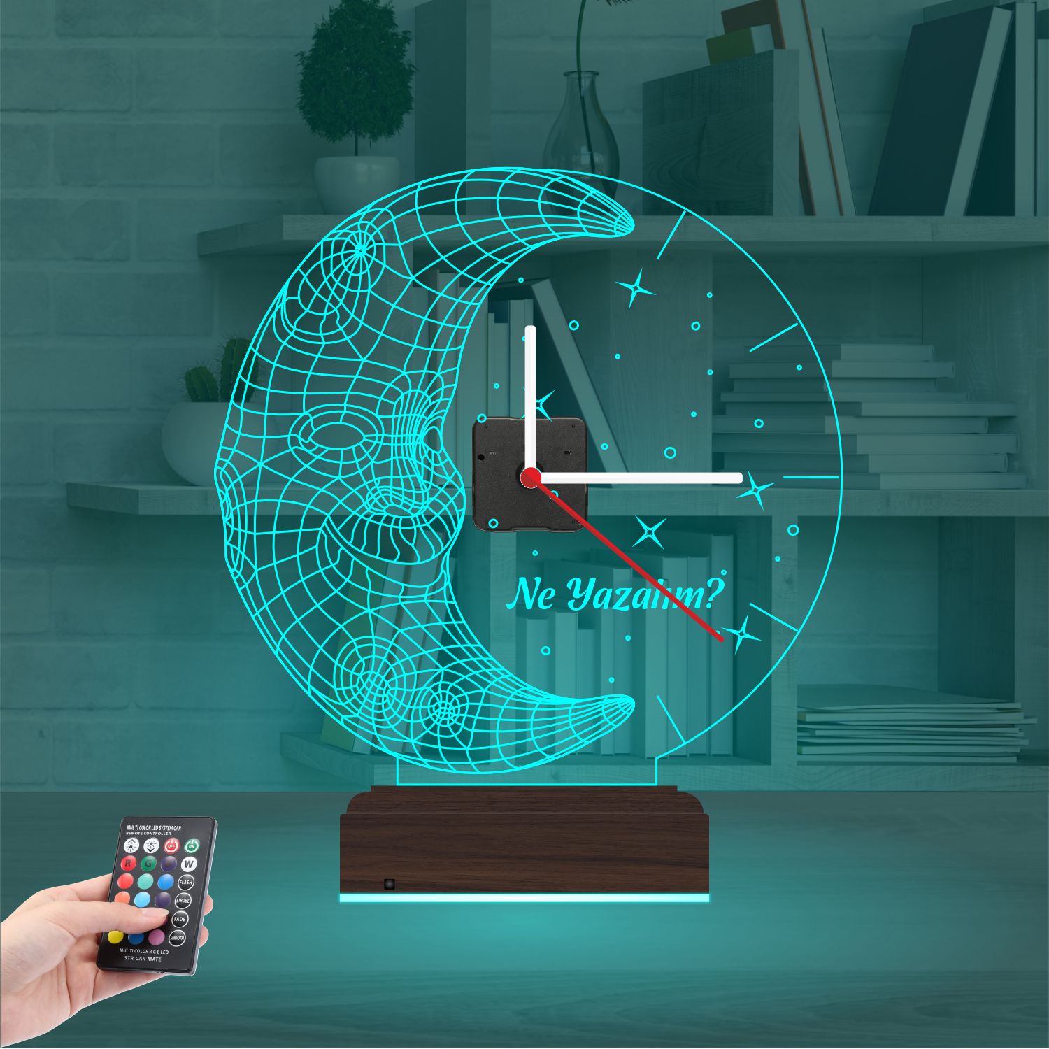 Именной подарок: улыбающийся месяц со звездами и часами 3d светильник 2