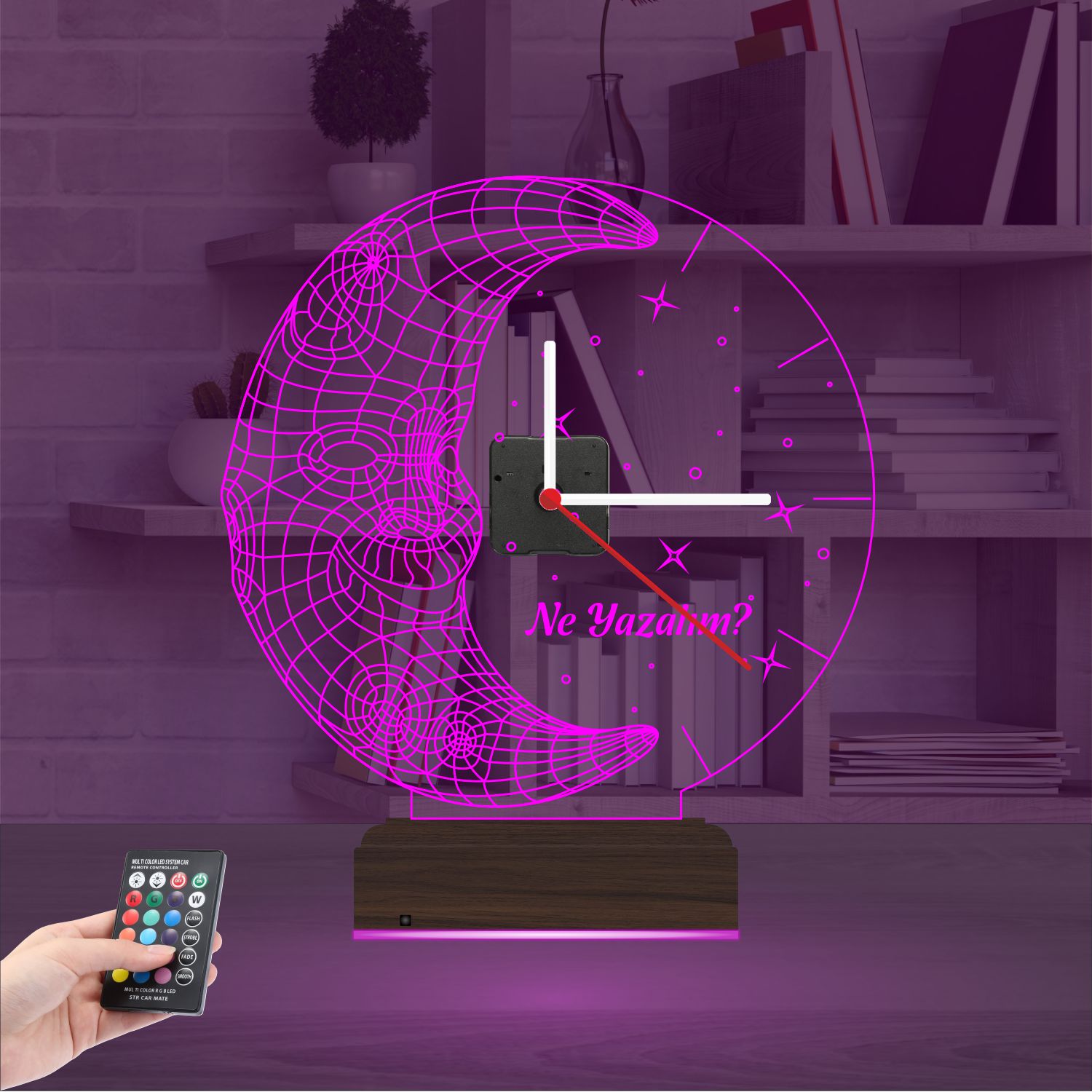 Именной подарок: улыбающийся месяц со звездами и часами 3d светильник 3