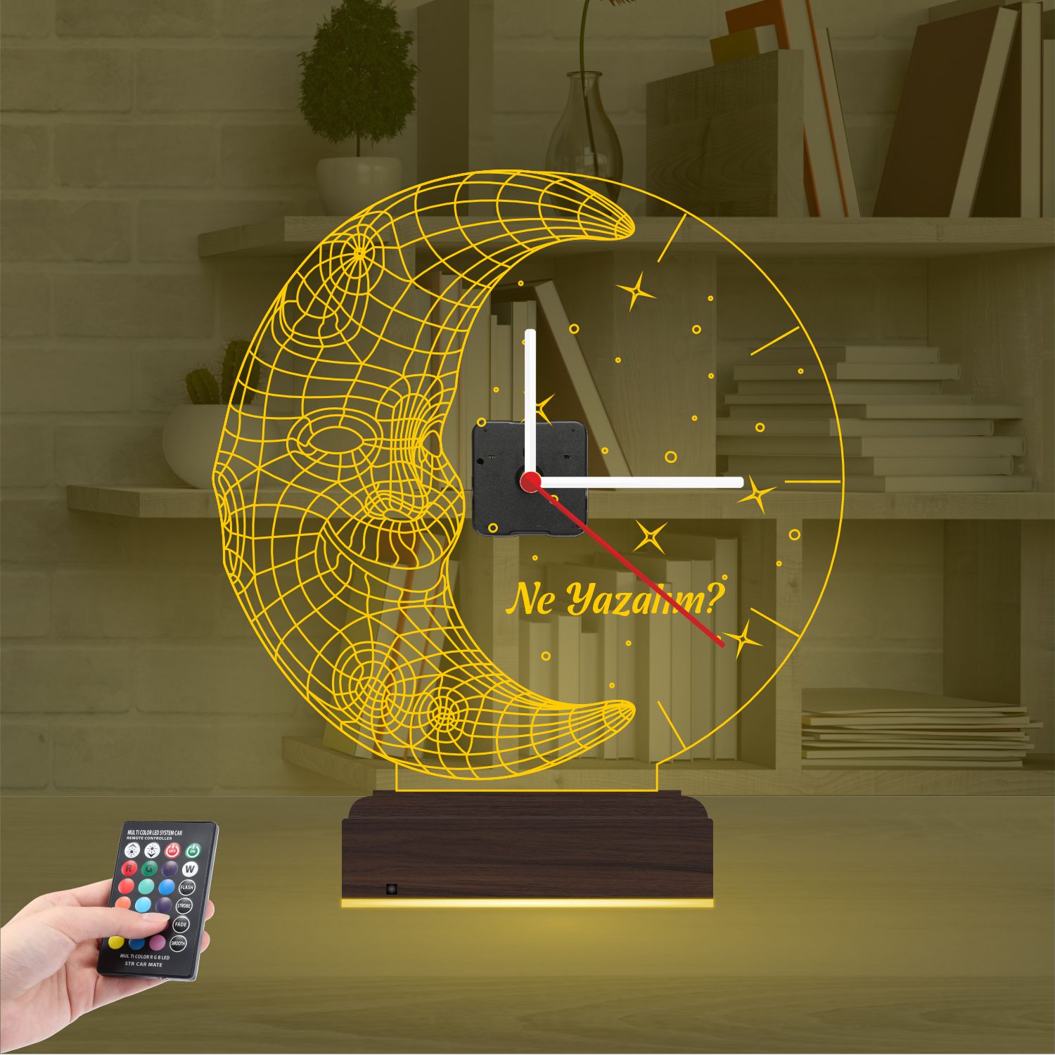 Именной подарок: улыбающийся месяц со звездами и часами 3d светильник 7