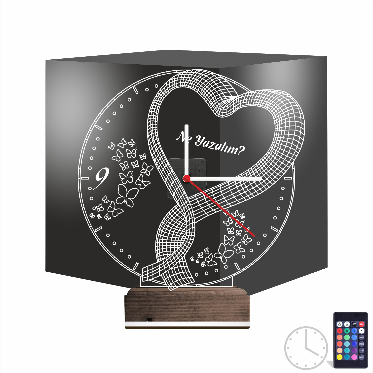 Именной подарок: сердце с бабочками и часами 3d светильник 8