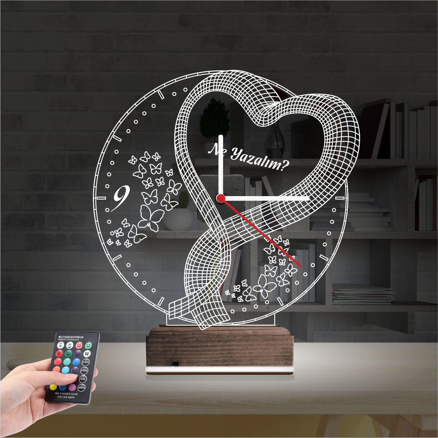 Именной подарок: сердце с бабочками и часами 3d светильник 7