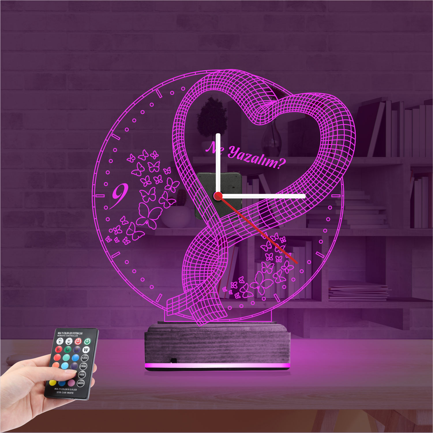 Именной подарок: сердце с бабочками и часами 3d светильник 2