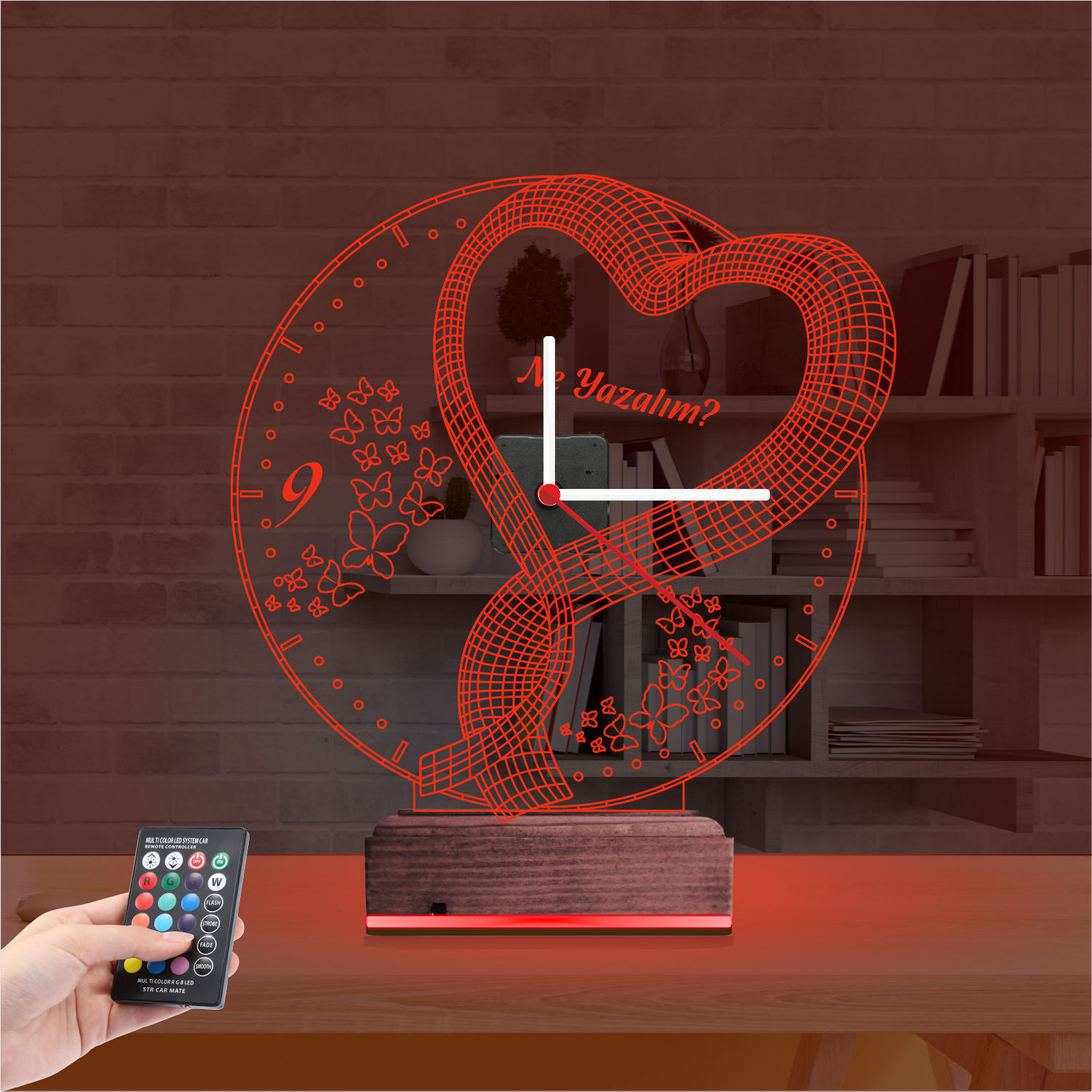 Именной подарок: сердце с бабочками и часами 3d светильник 5