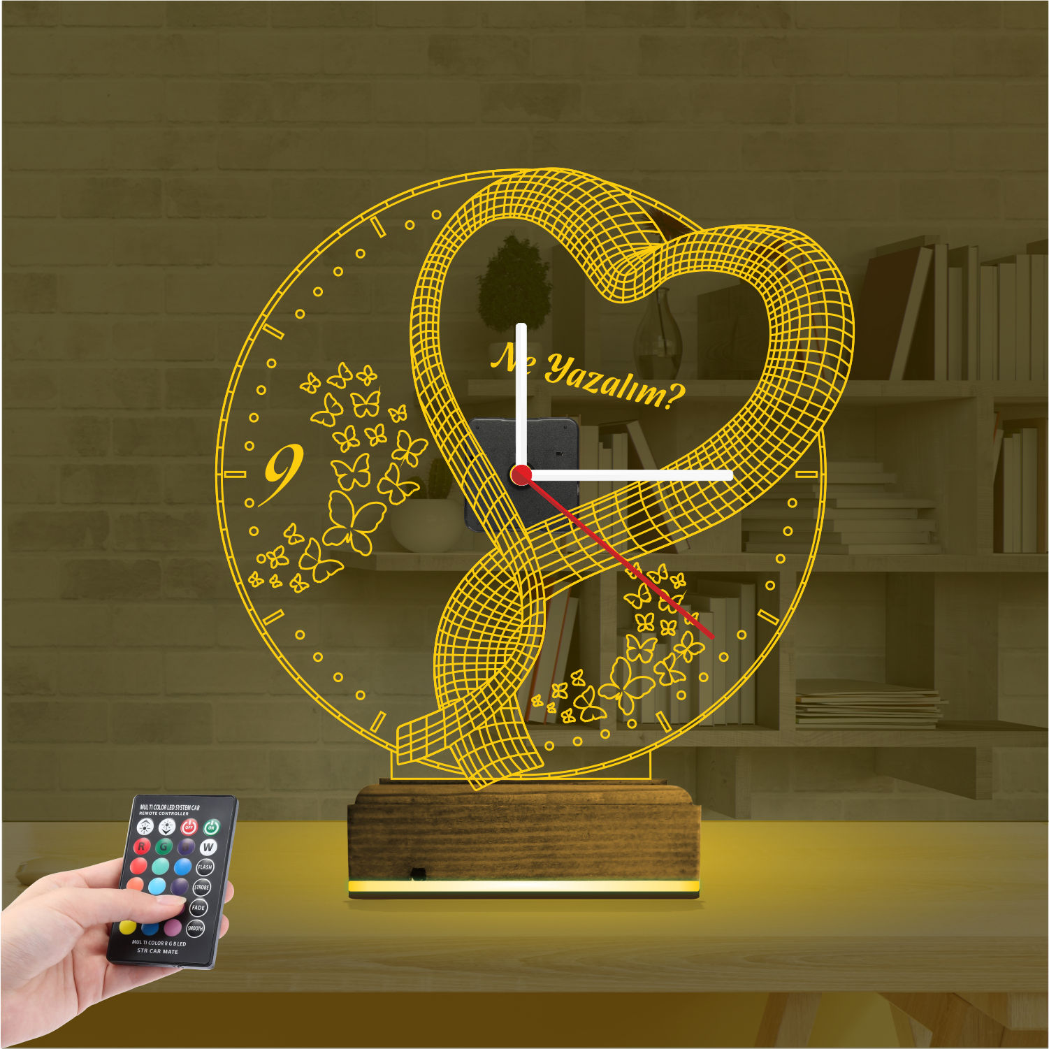 Именной подарок: сердце с бабочками и часами 3d светильник 6