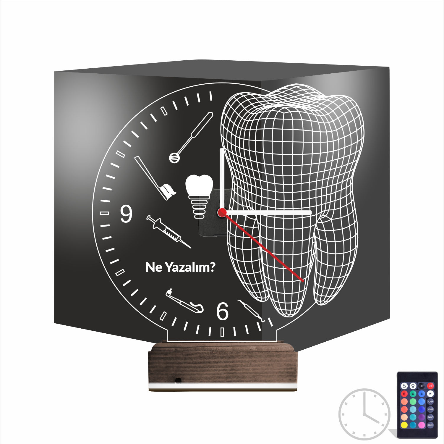 Именной подарок стоматологу: зуб и инструменты с часами 3d светильник 8