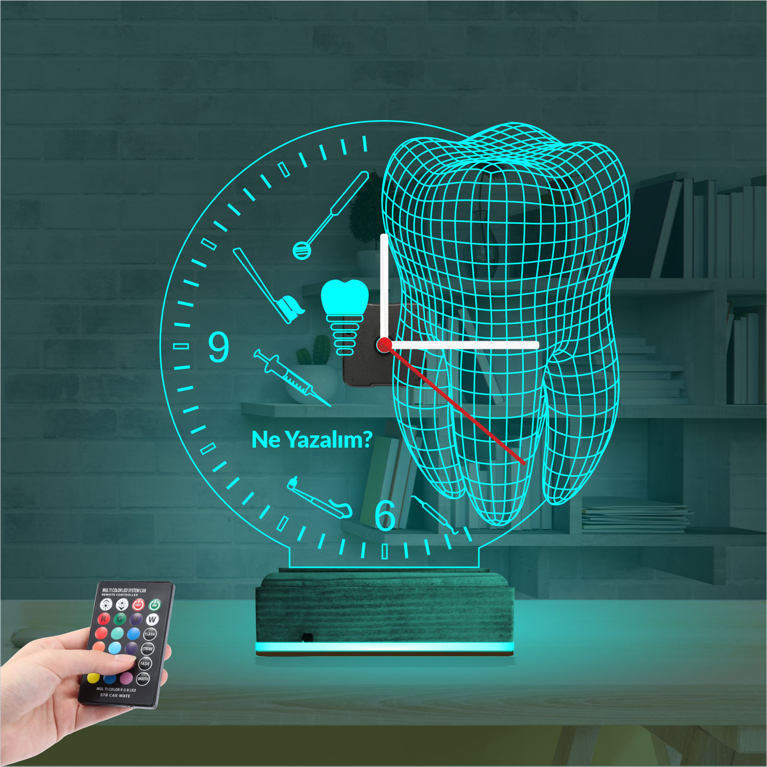 Именной подарок стоматологу: зуб и инструменты с часами 3d светильник 2