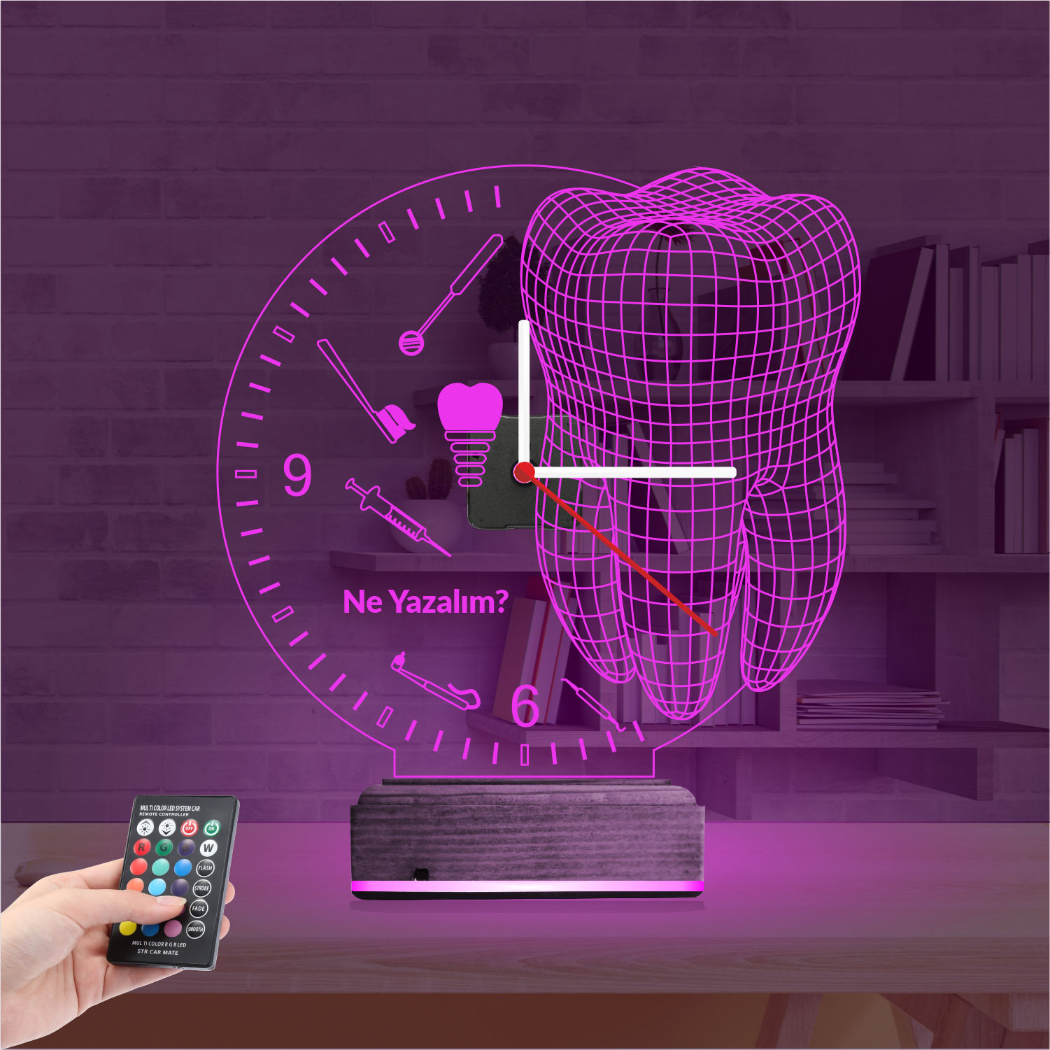 Именной подарок стоматологу: зуб и инструменты с часами 3d светильник 3