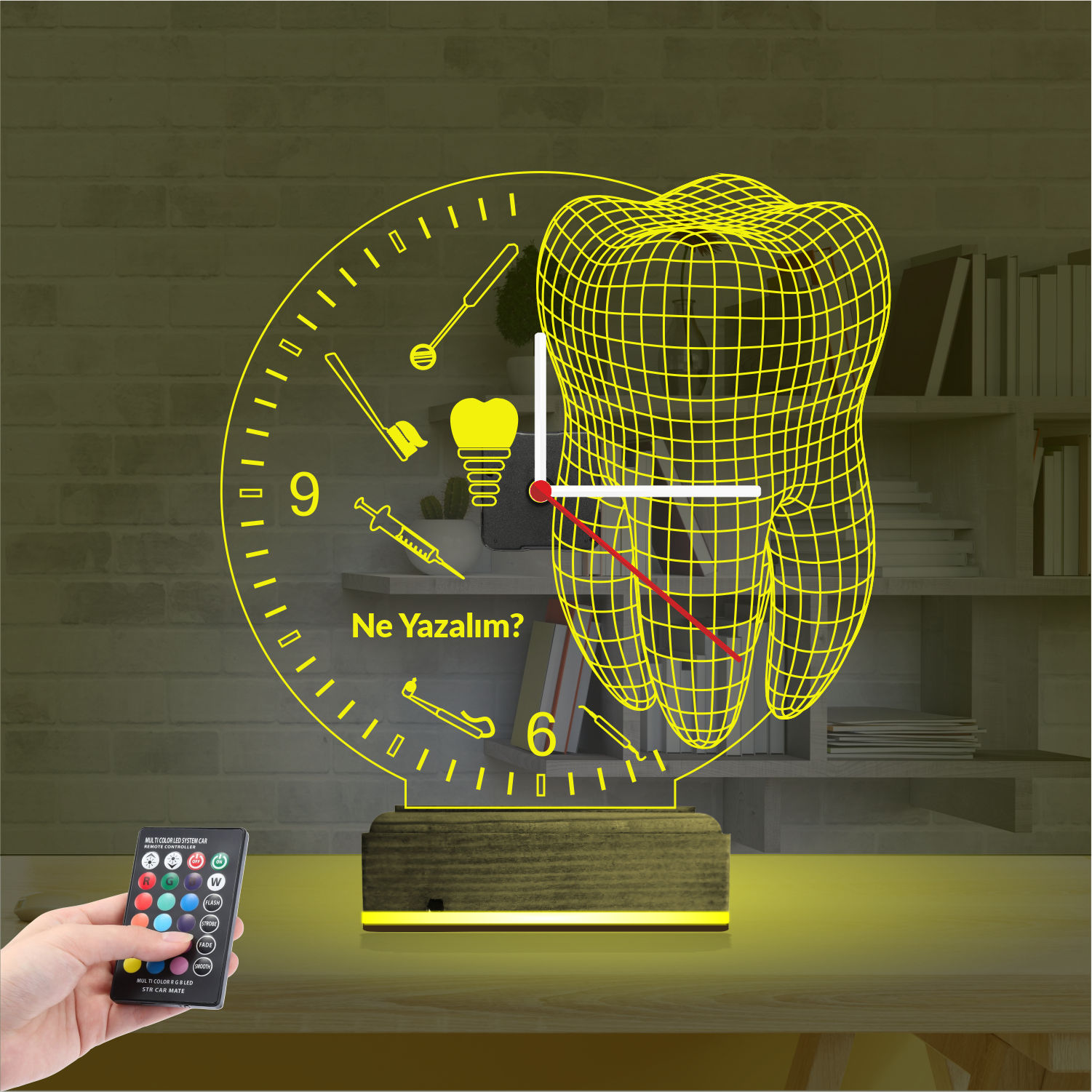 Именной подарок стоматологу: зуб и инструменты с часами 3d светильник 4