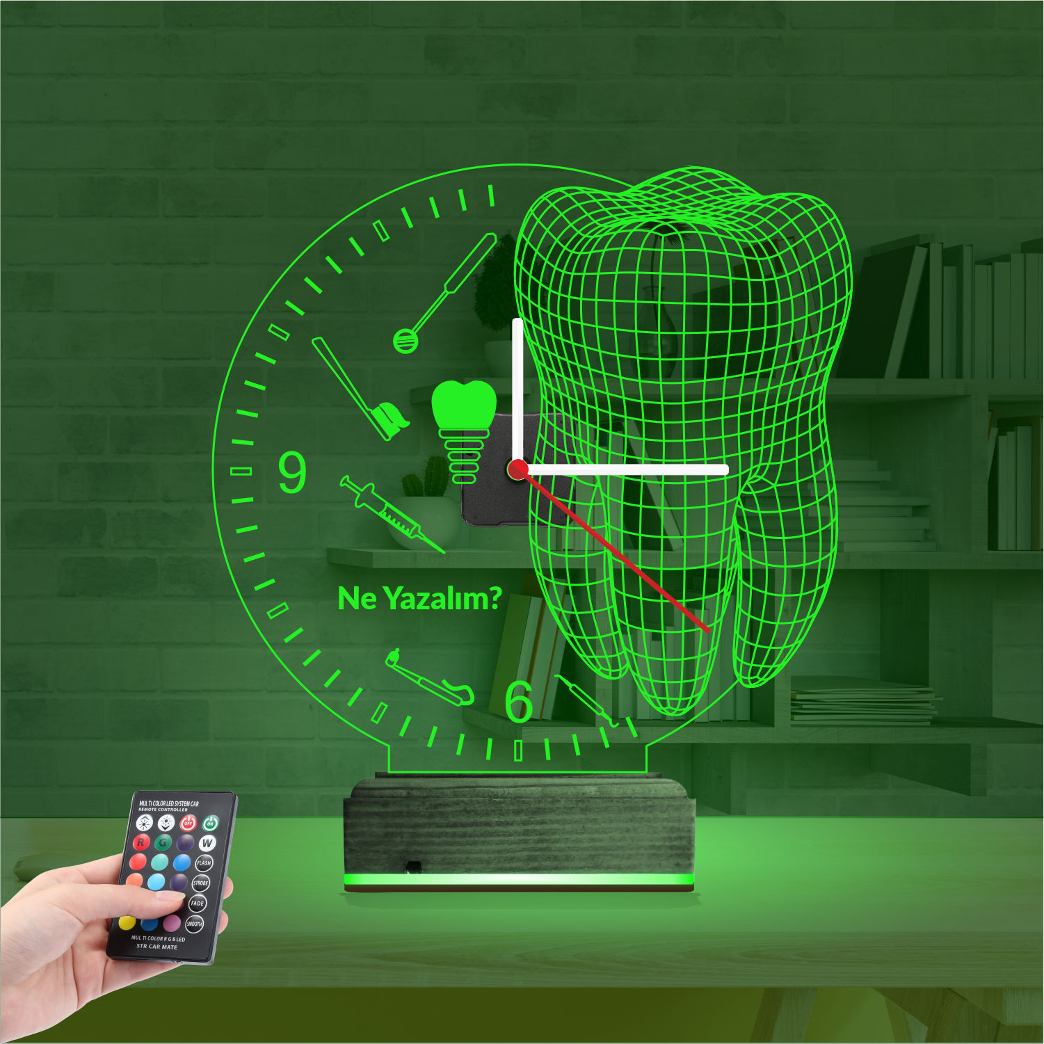 Именной подарок стоматологу: зуб и инструменты с часами 3d светильник 5