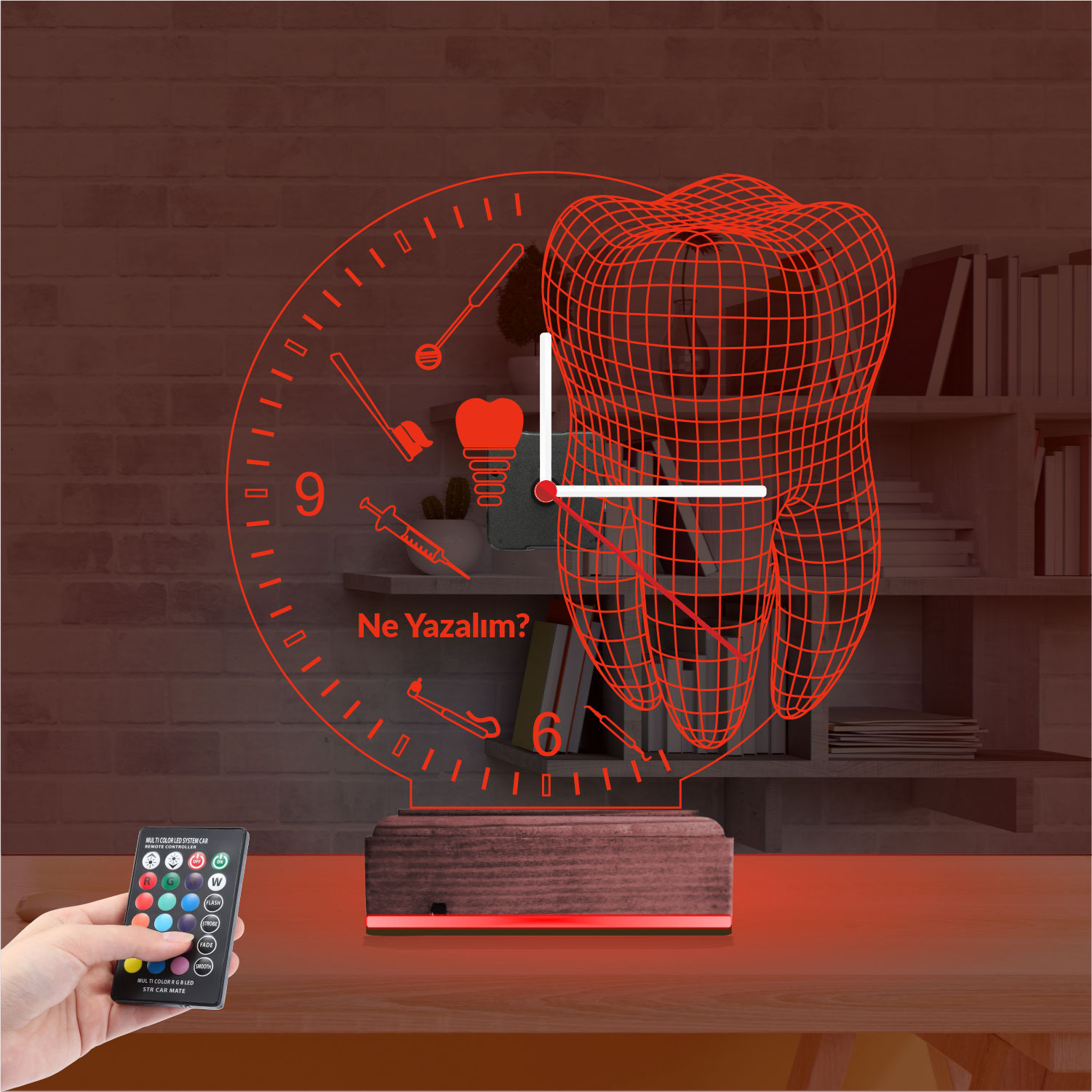 Именной подарок стоматологу: зуб и инструменты с часами 3d светильник 6