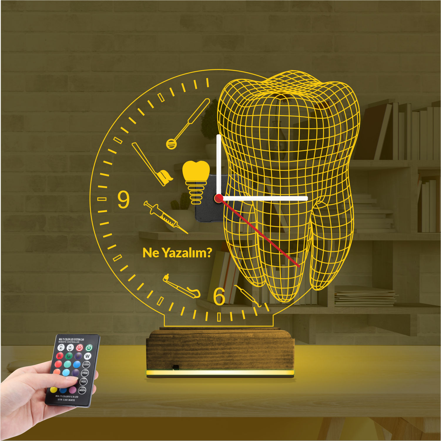 Именной подарок стоматологу: зуб и инструменты с часами 3d светильник 7