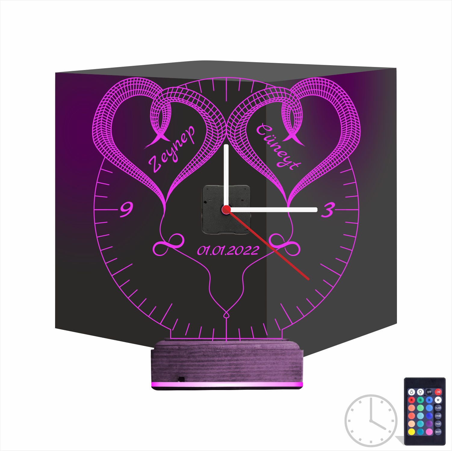 Именной подарок: два сердца с именами, датой и часами 3d светильник 8
