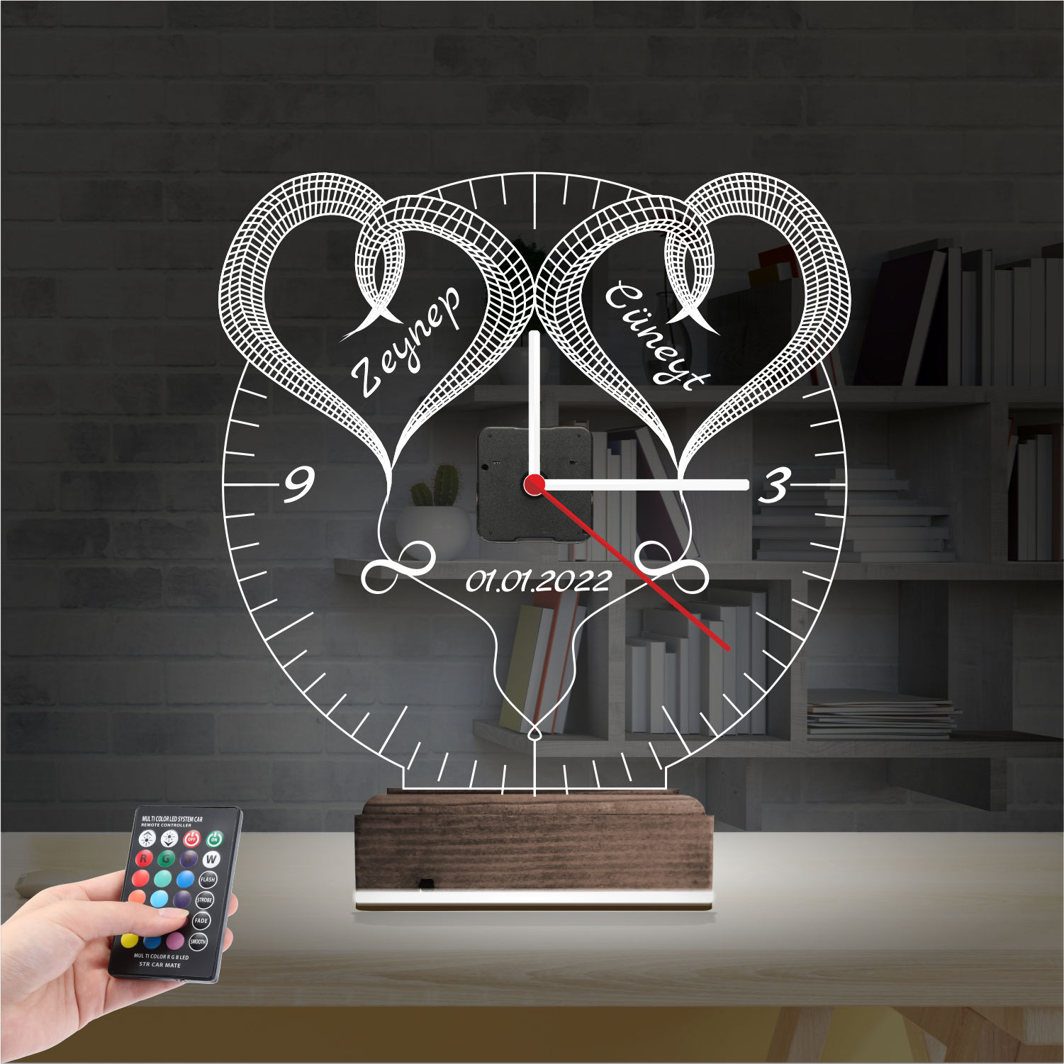 Именной подарок: два сердца с именами, датой и часами 3d светильник 7