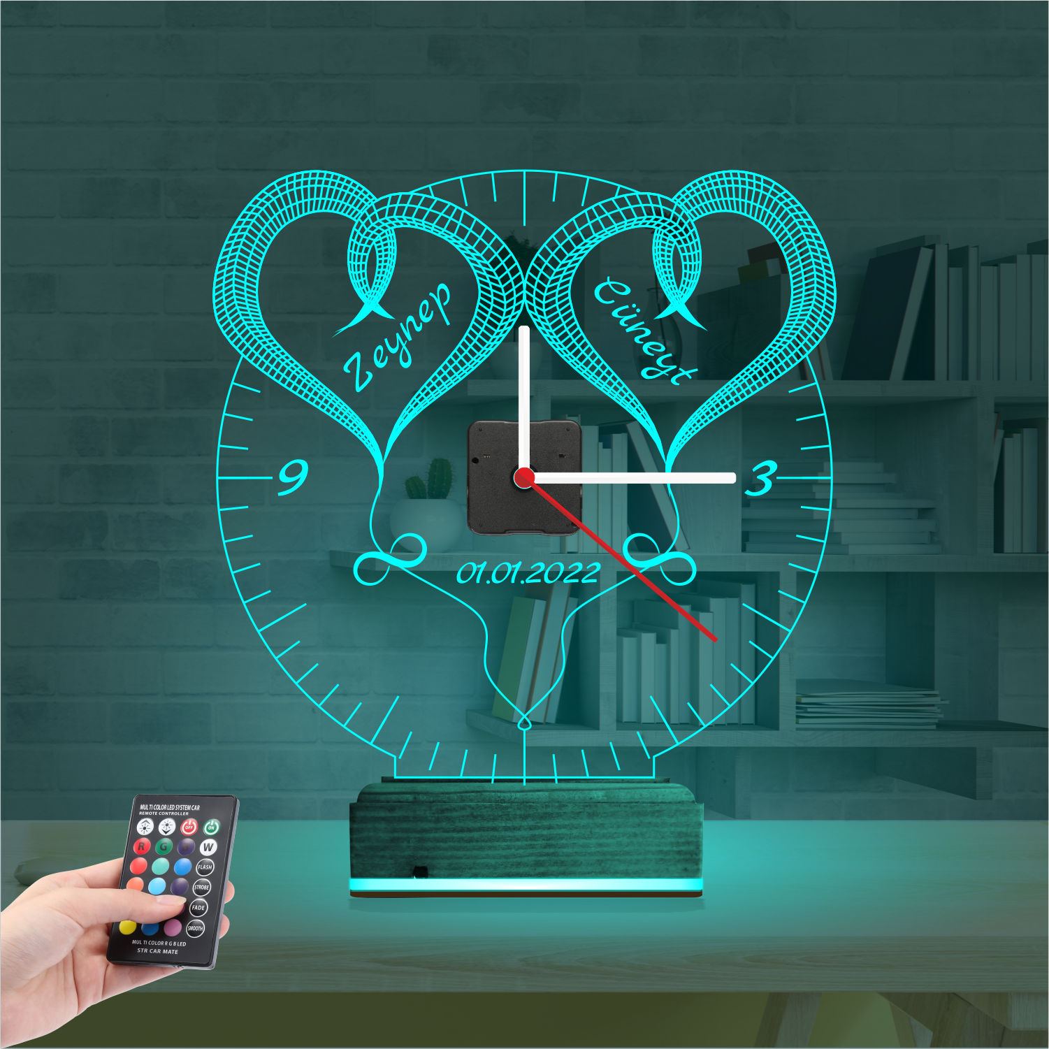 Именной подарок: два сердца с именами, датой и часами 3d светильник 2