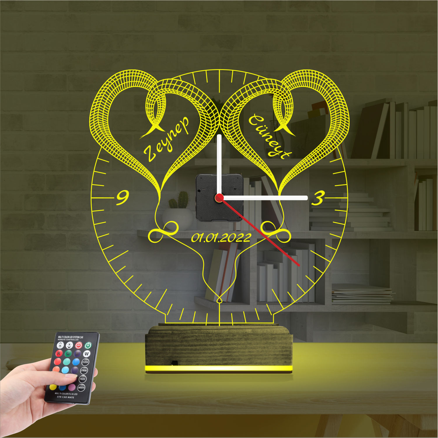 Именной подарок: два сердца с именами, датой и часами 3d светильник 3