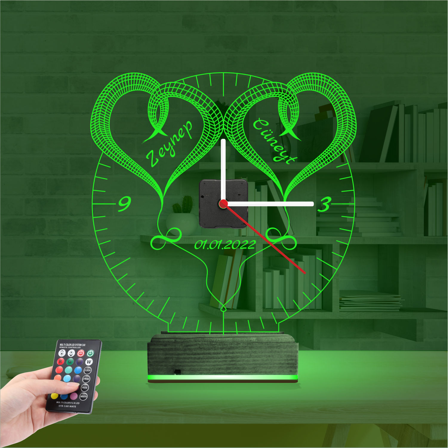 Именной подарок: два сердца с именами, датой и часами 3d светильник 4