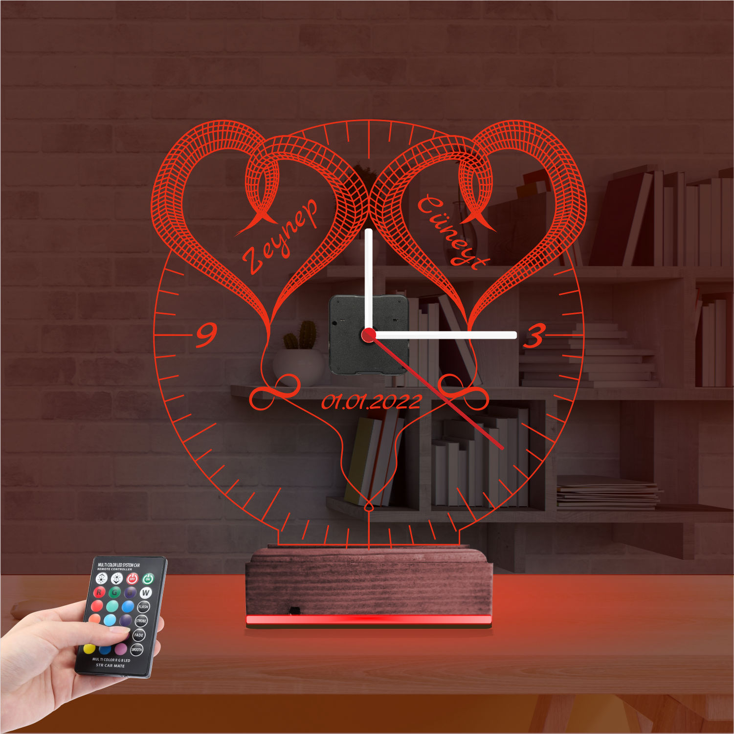 Именной подарок: два сердца с именами, датой и часами 3d светильник 5