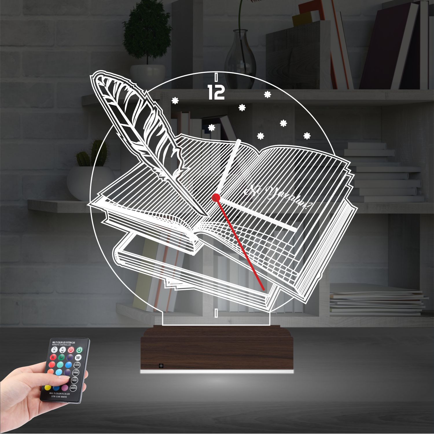 Именной подарок: открытая книга и перо с часами 3d светильник 8