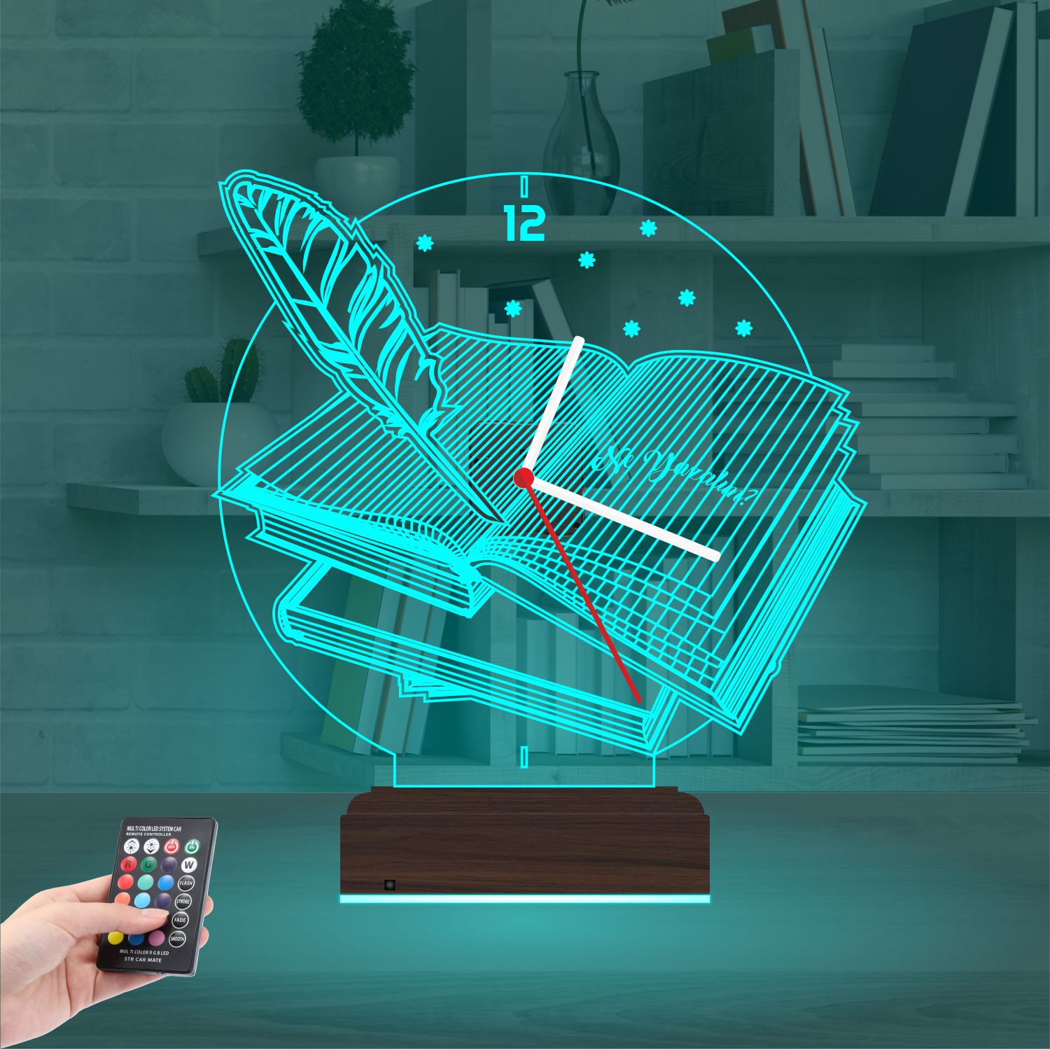 Именной подарок: открытая книга и перо с часами 3d светильник