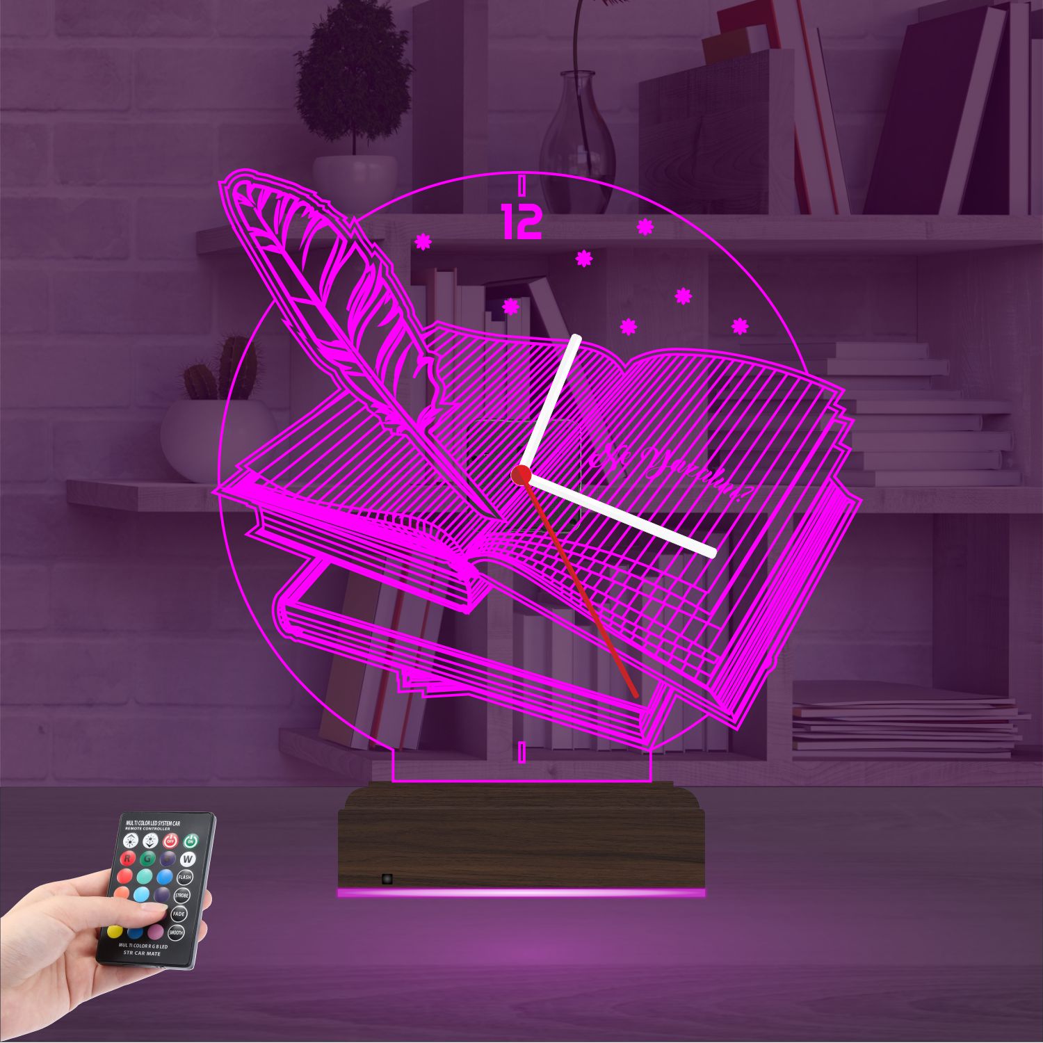 Именной подарок: открытая книга и перо с часами 3d светильник 3