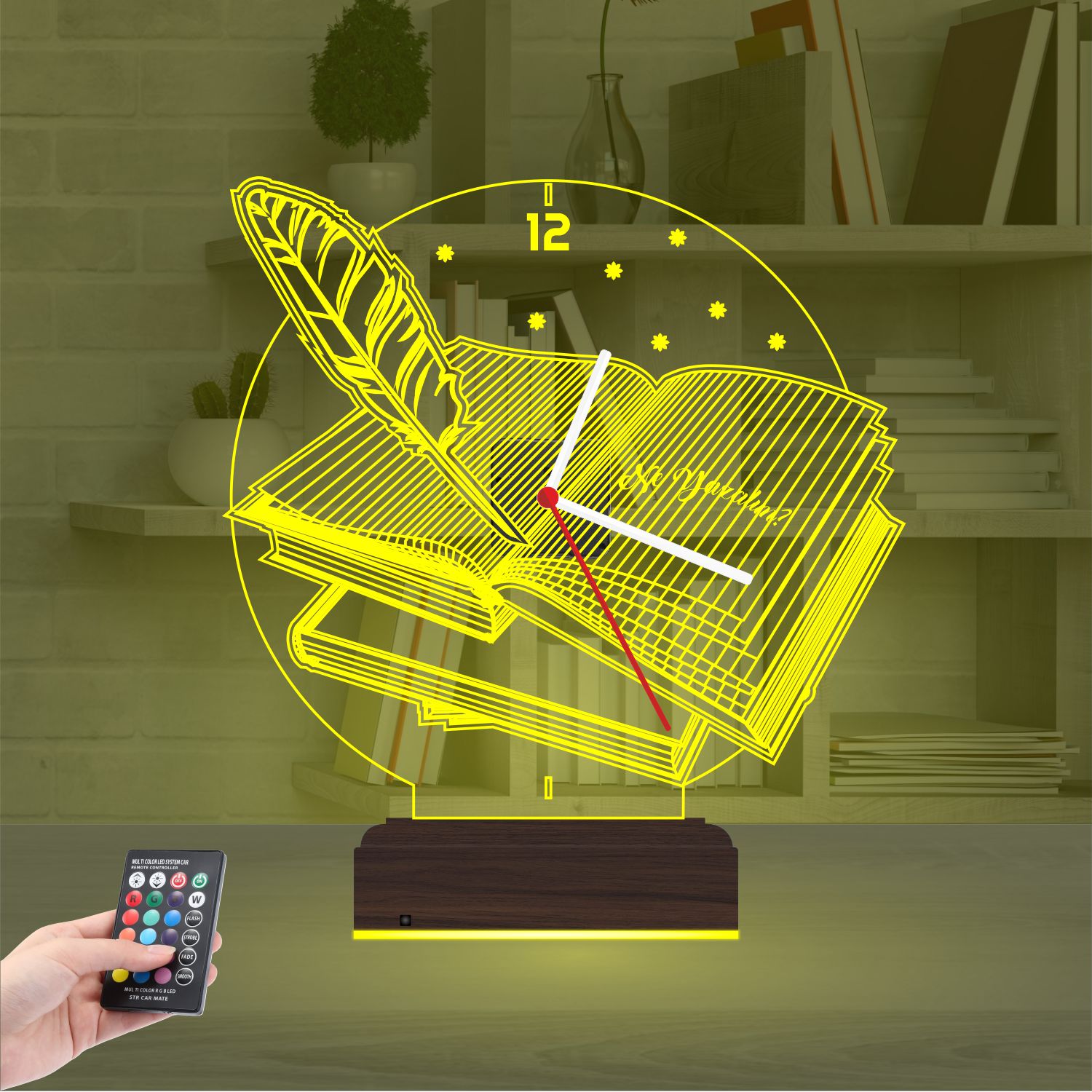 Именной подарок: открытая книга и перо с часами 3d светильник