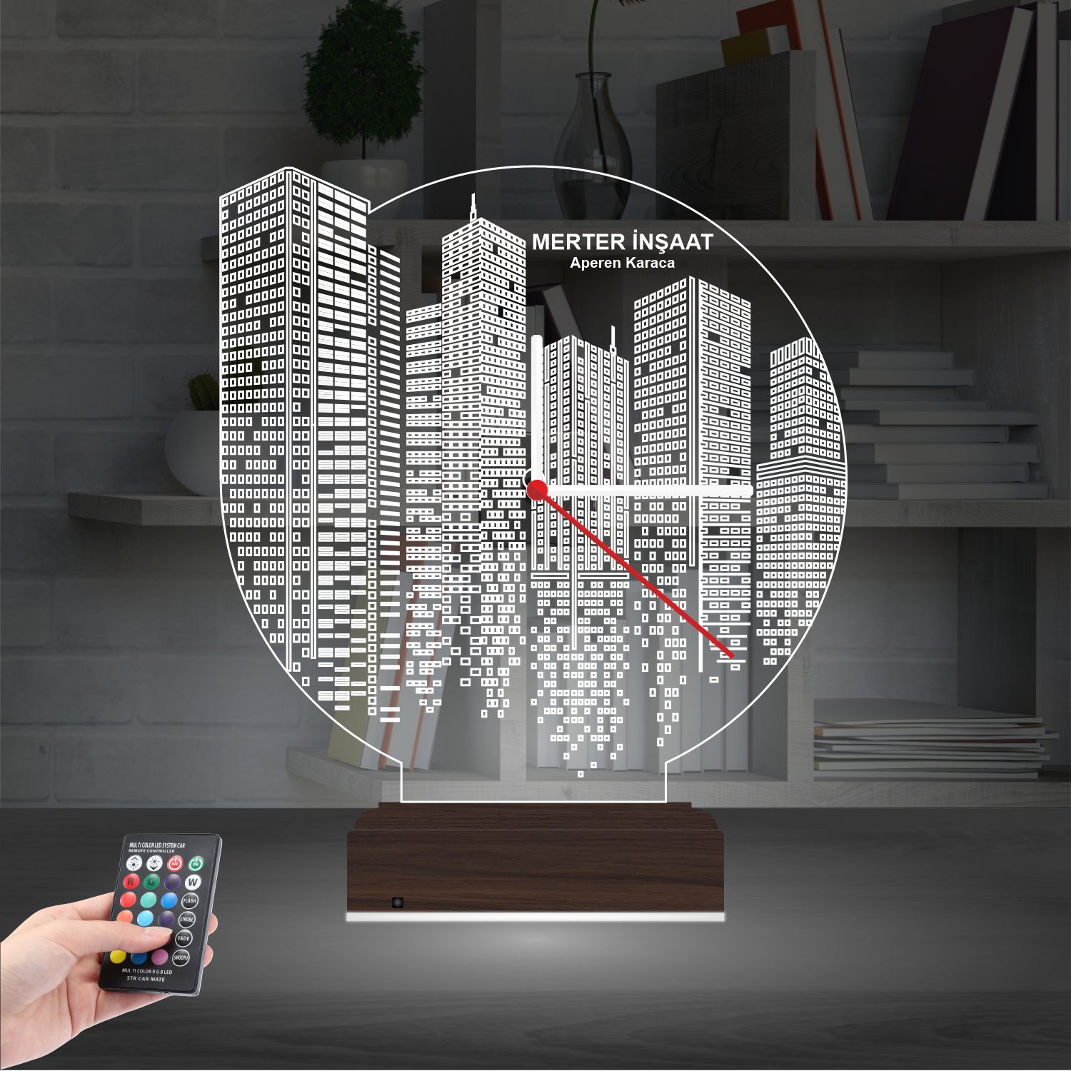 Именной подарок архитектору: город будущего с часами 3d светильник