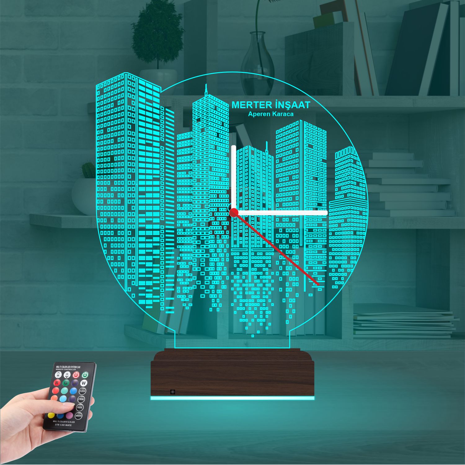 Именной подарок архитектору: город будущего с часами 3d светильник 3