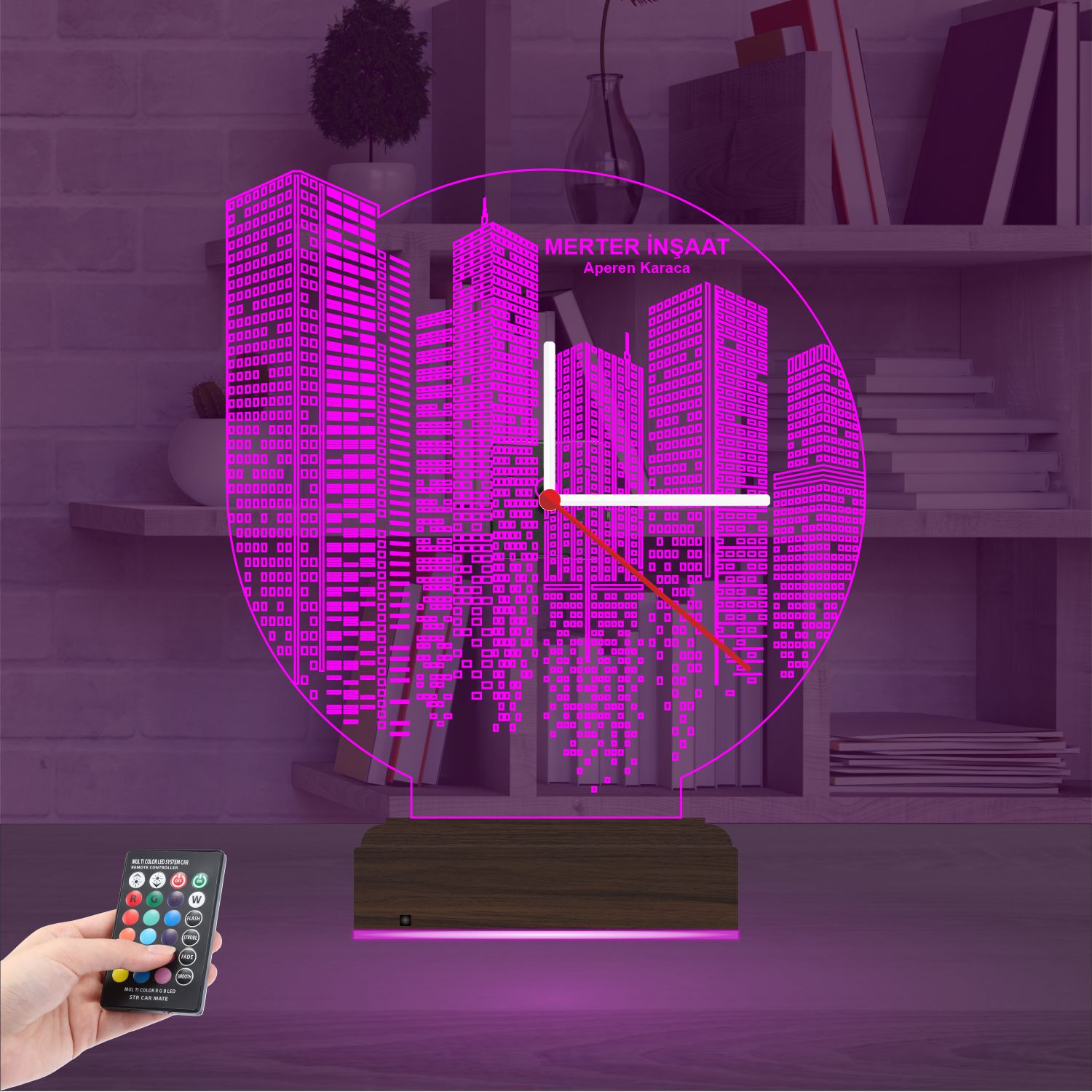 Именной подарок архитектору: город будущего с часами 3d светильник 4