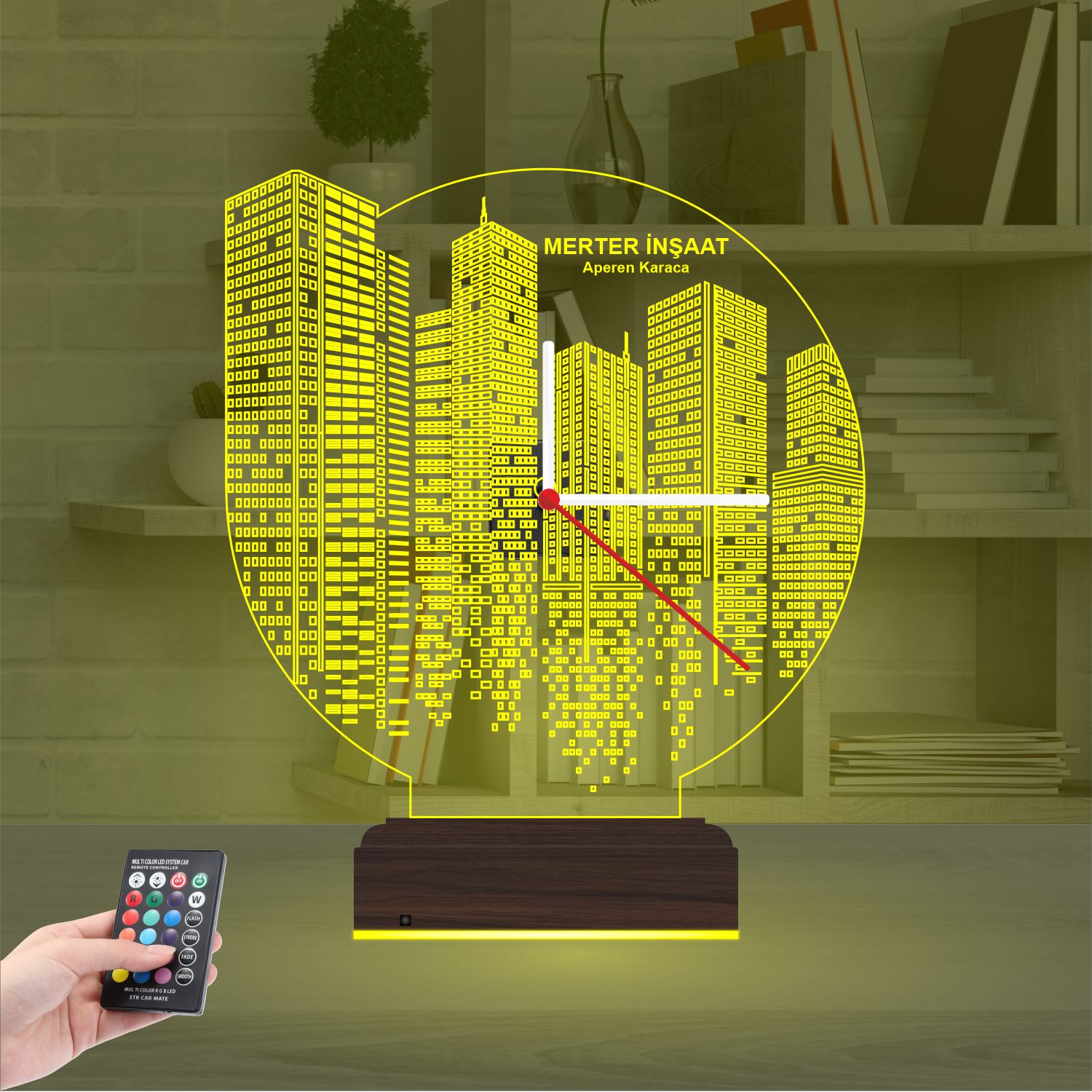 Именной подарок архитектору: город будущего с часами 3d светильник