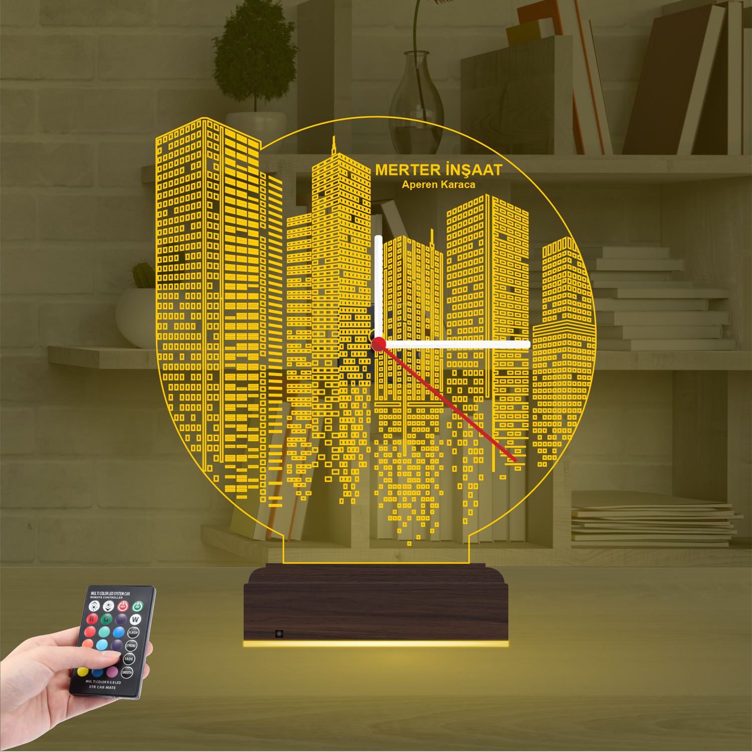 Именной подарок архитектору: город будущего с часами 3d светильник 7