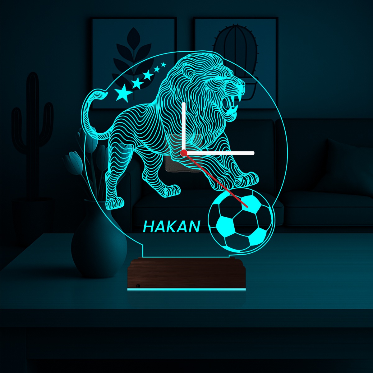 Именной подарок футболисту: лев с мячом и часами 3d светильник