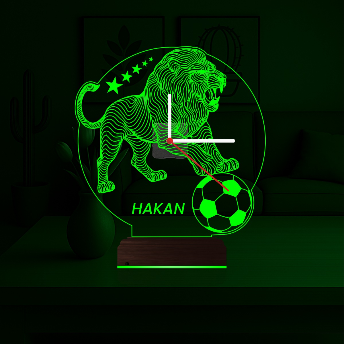 Именной подарок футболисту: лев с мячом и часами 3d светильник 3