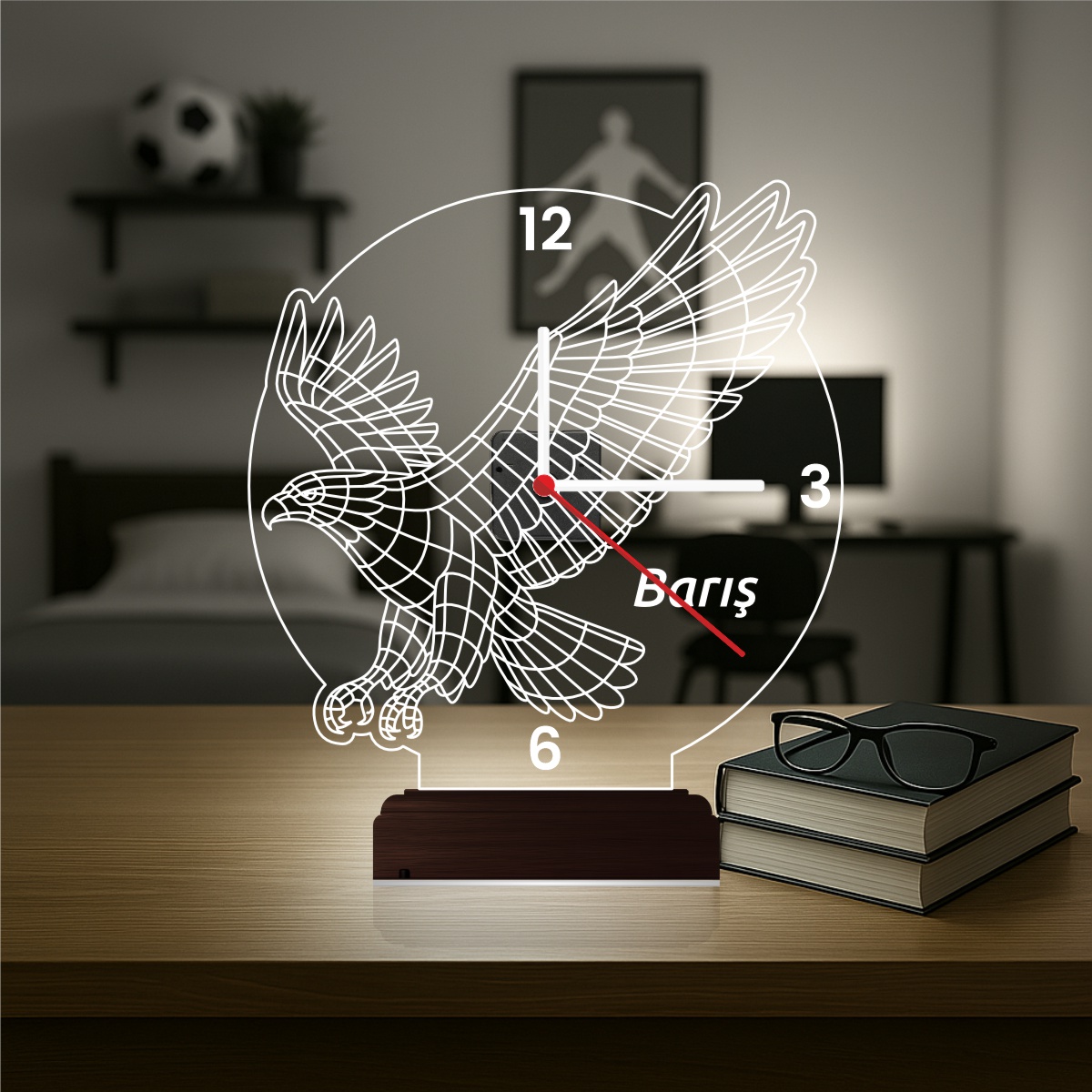 Именной подарок: парящий орел с часами 3d светильник 6