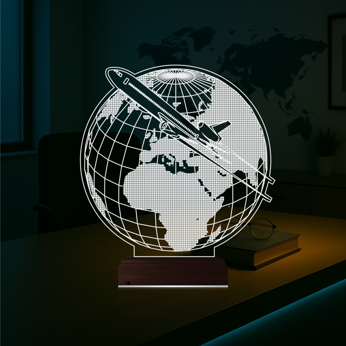 Глобус и Самолет — 3D LED Ночник | Подарок путешественнику