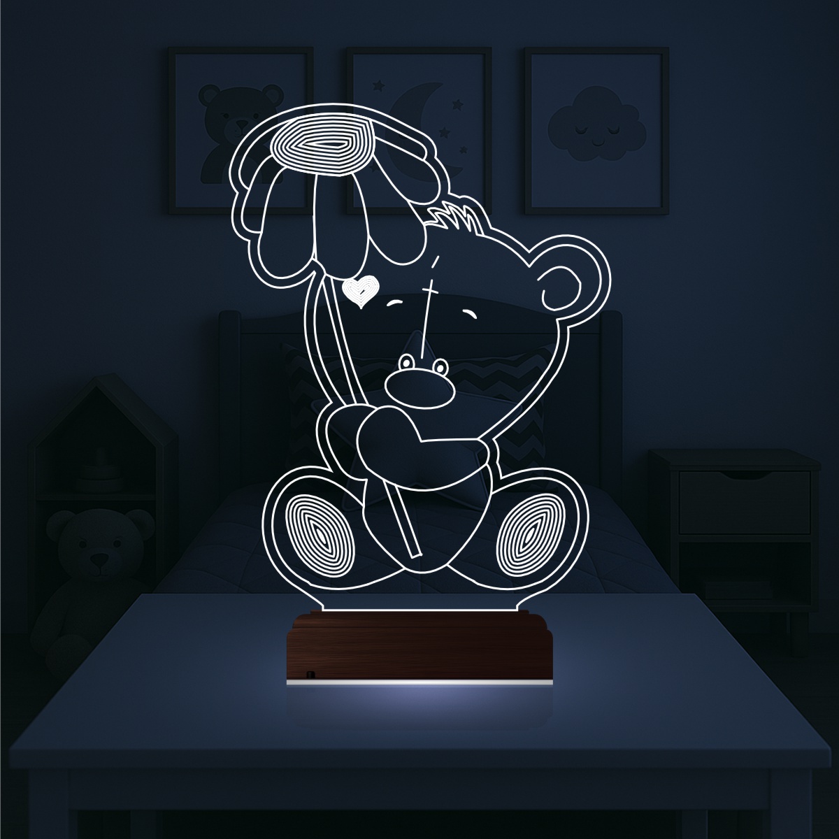 Мишка с цветком — 3D LED Ночник | Подарок детям и любимым