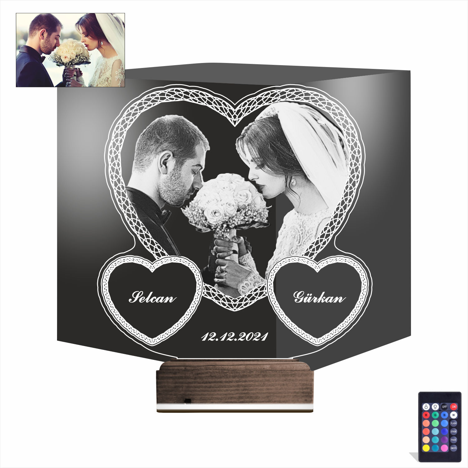 Свадебное фото и сердца — 3D LED Ночник | Подарок на годовщину