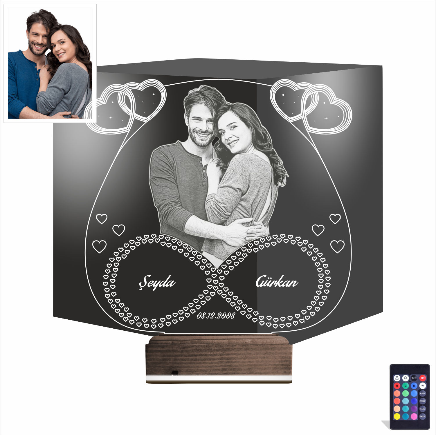 Пара с именами и фото — 3D LED Ночник | Подарок на годовщину