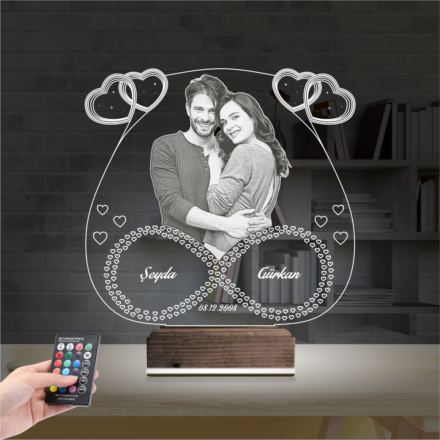 Пара с именами и фото — 3D LED Ночник | Подарок на годовщину