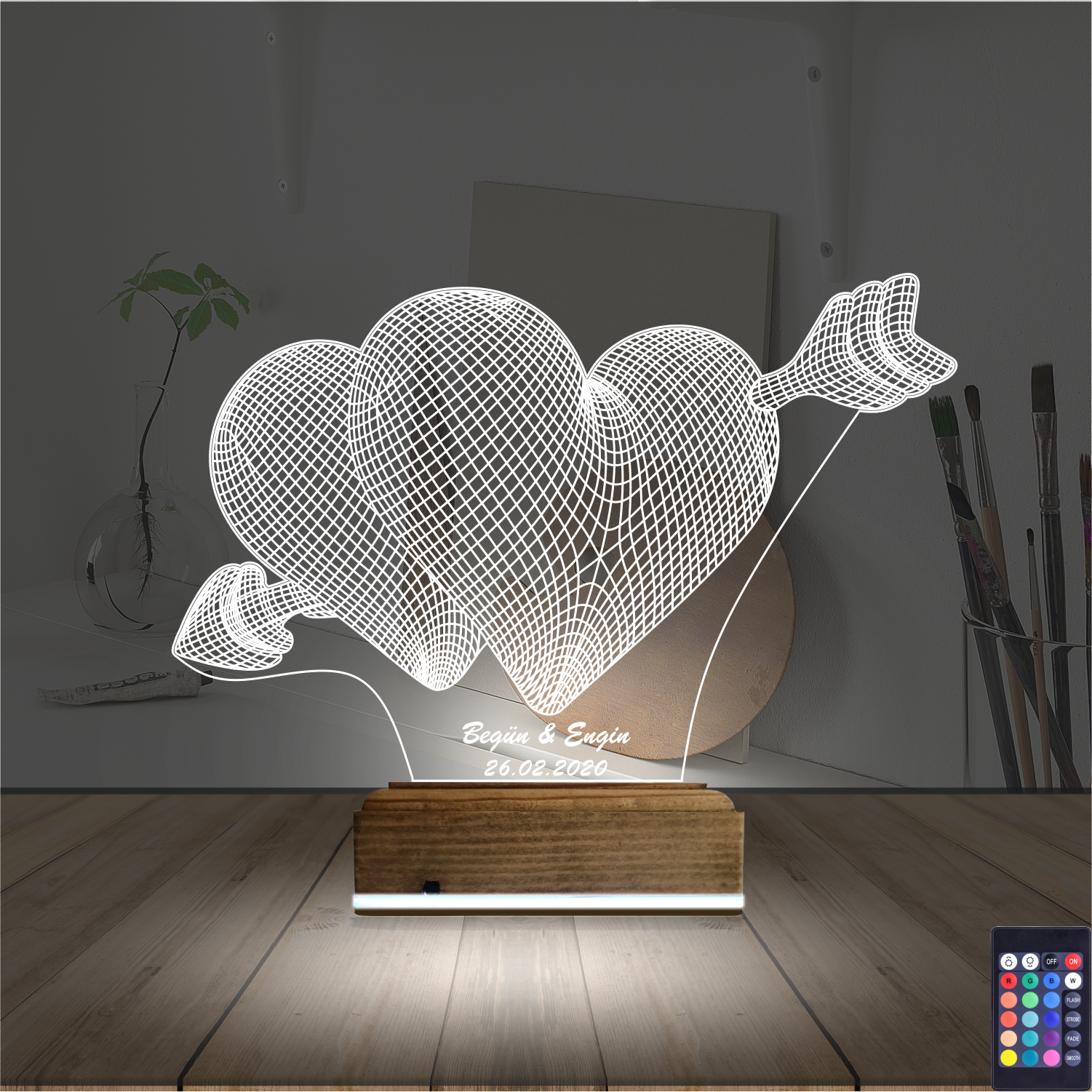 Сердца со стрелой — 3D LED Ночник | Подарок на годовщину