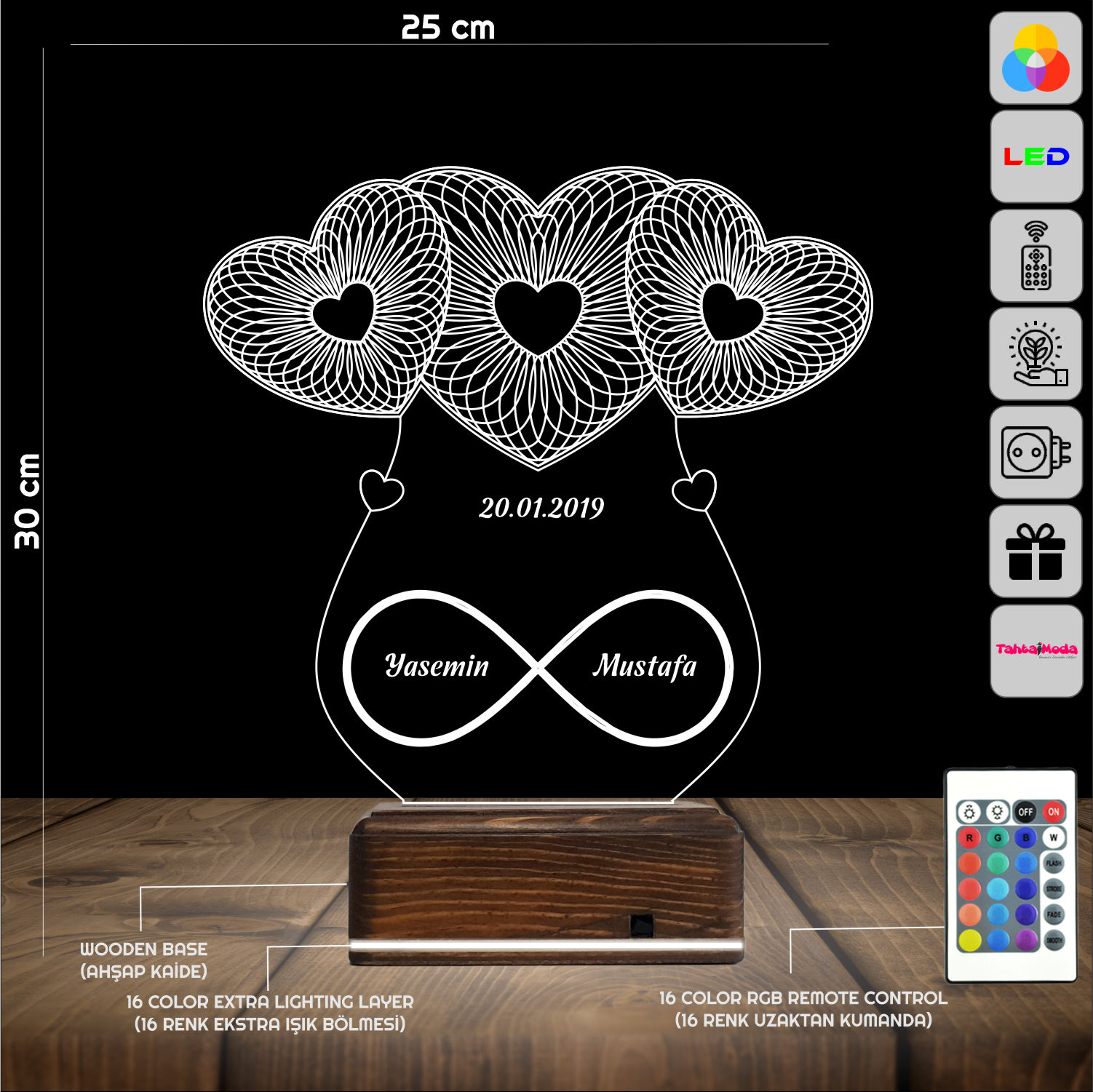 Сердца и бесконечность — 3D LED Ночник | Подарок на годовщину