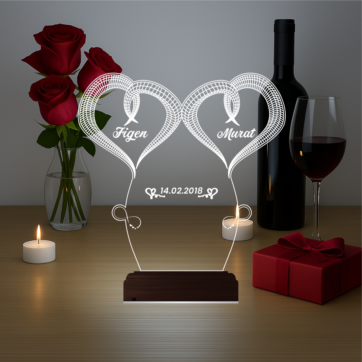Сердца с именами — 3D LED Ночник | Подарок на годовщину