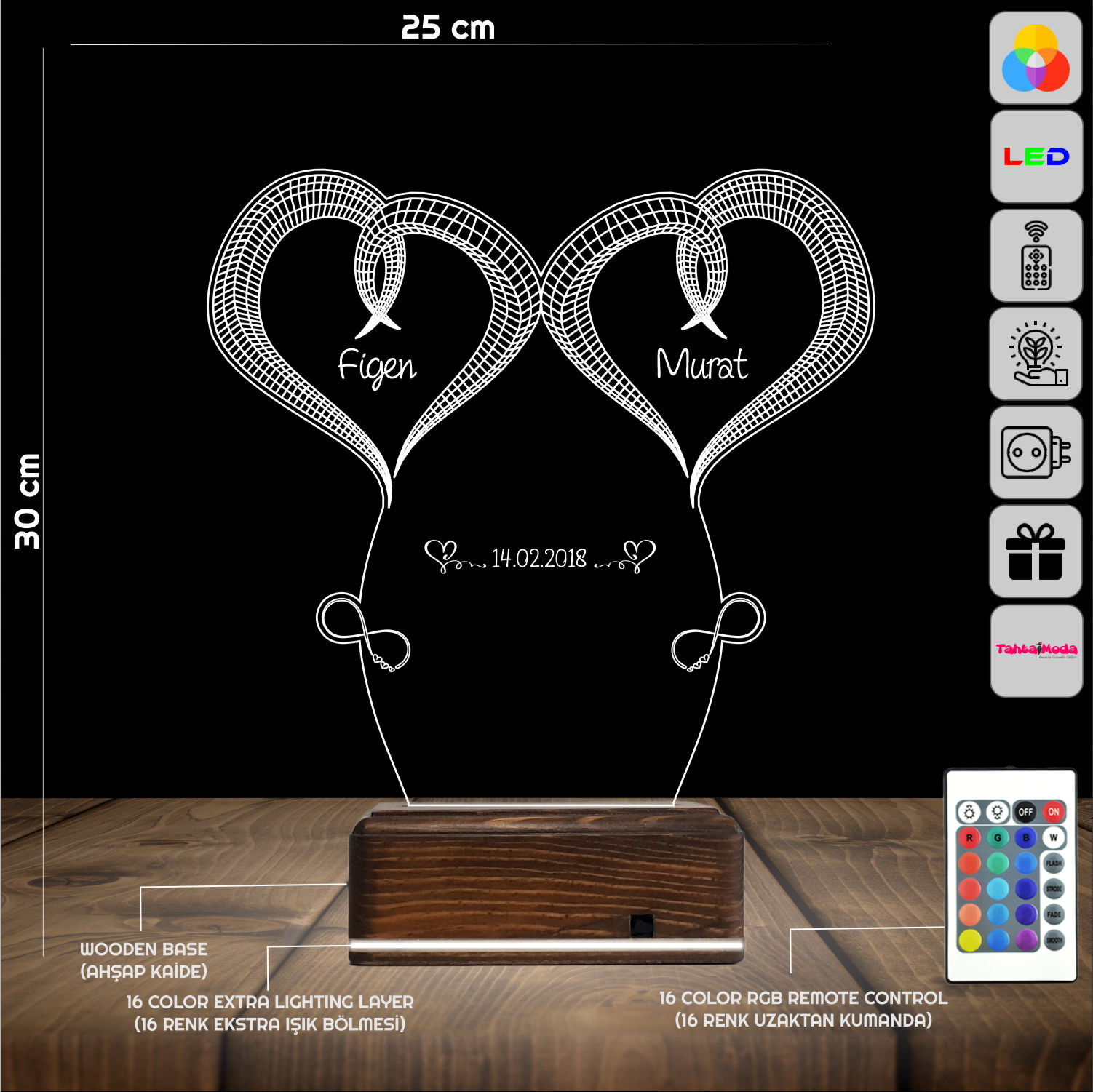 Сердца с именами — 3D LED Ночник | Подарок на годовщину