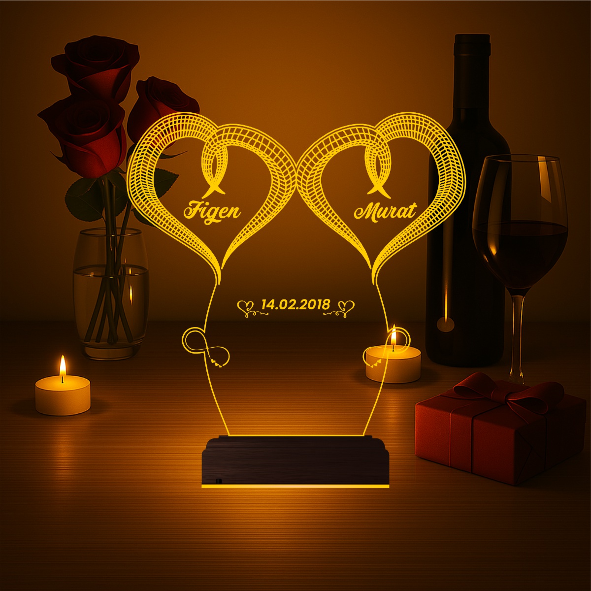 Именной подарок: два сердца с именами 3d светильник 4