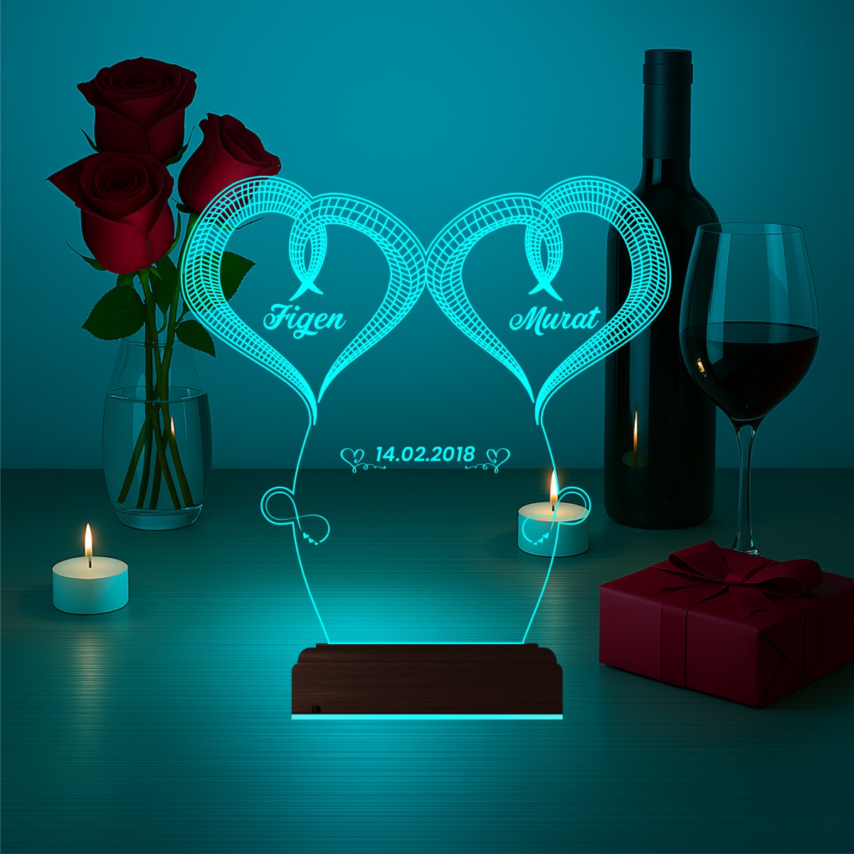 Именной подарок: два сердца с именами 3d светильник 2