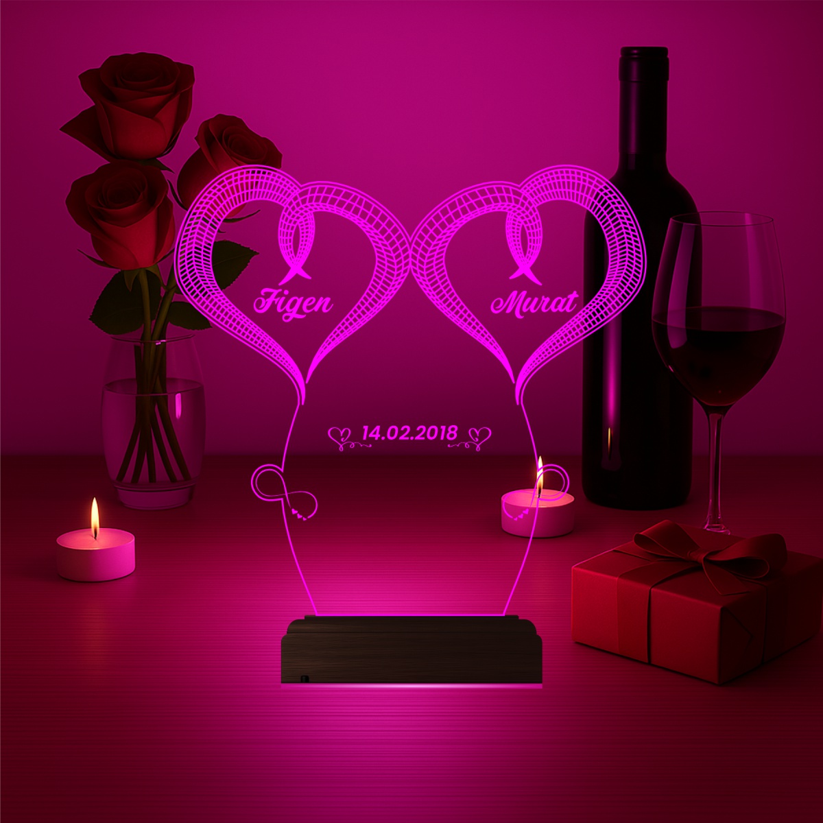 Именной подарок: два сердца с именами 3d светильник 3