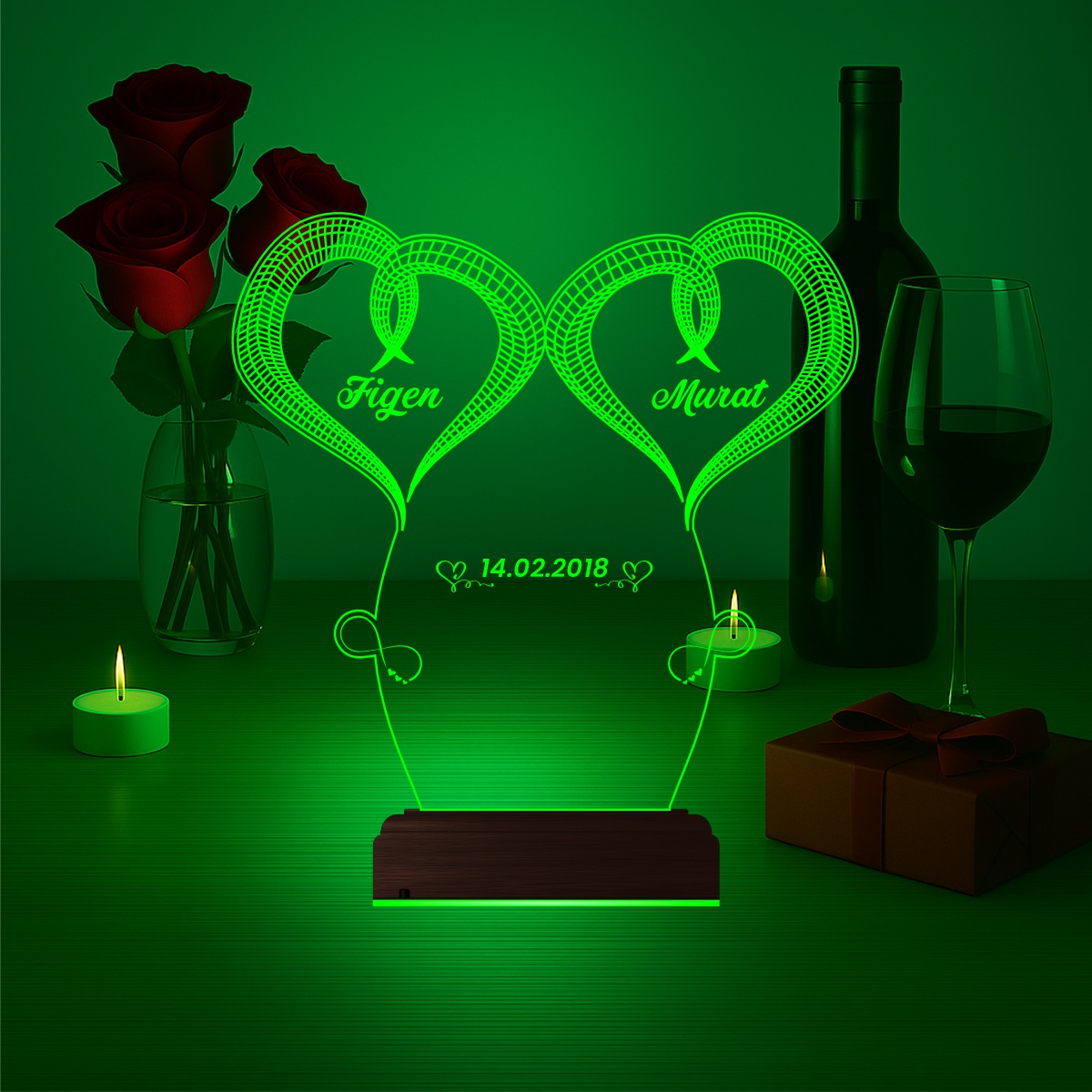 Именной подарок: два сердца с именами 3d светильник 5